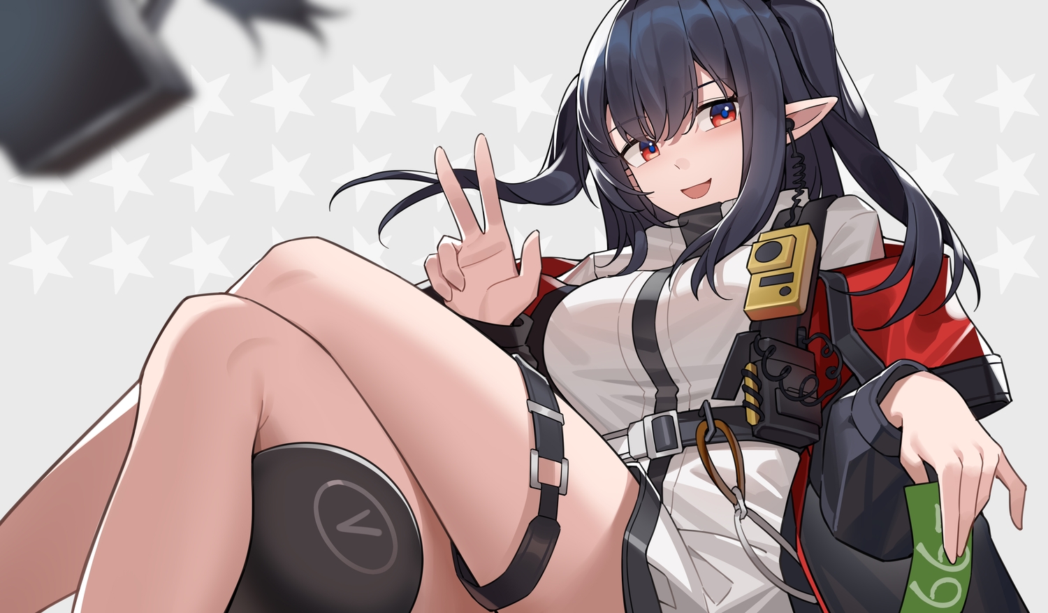 arknights, black_hair, closure_(arknights), garter, long_hair, pointed_ears, red_eyes, twintails