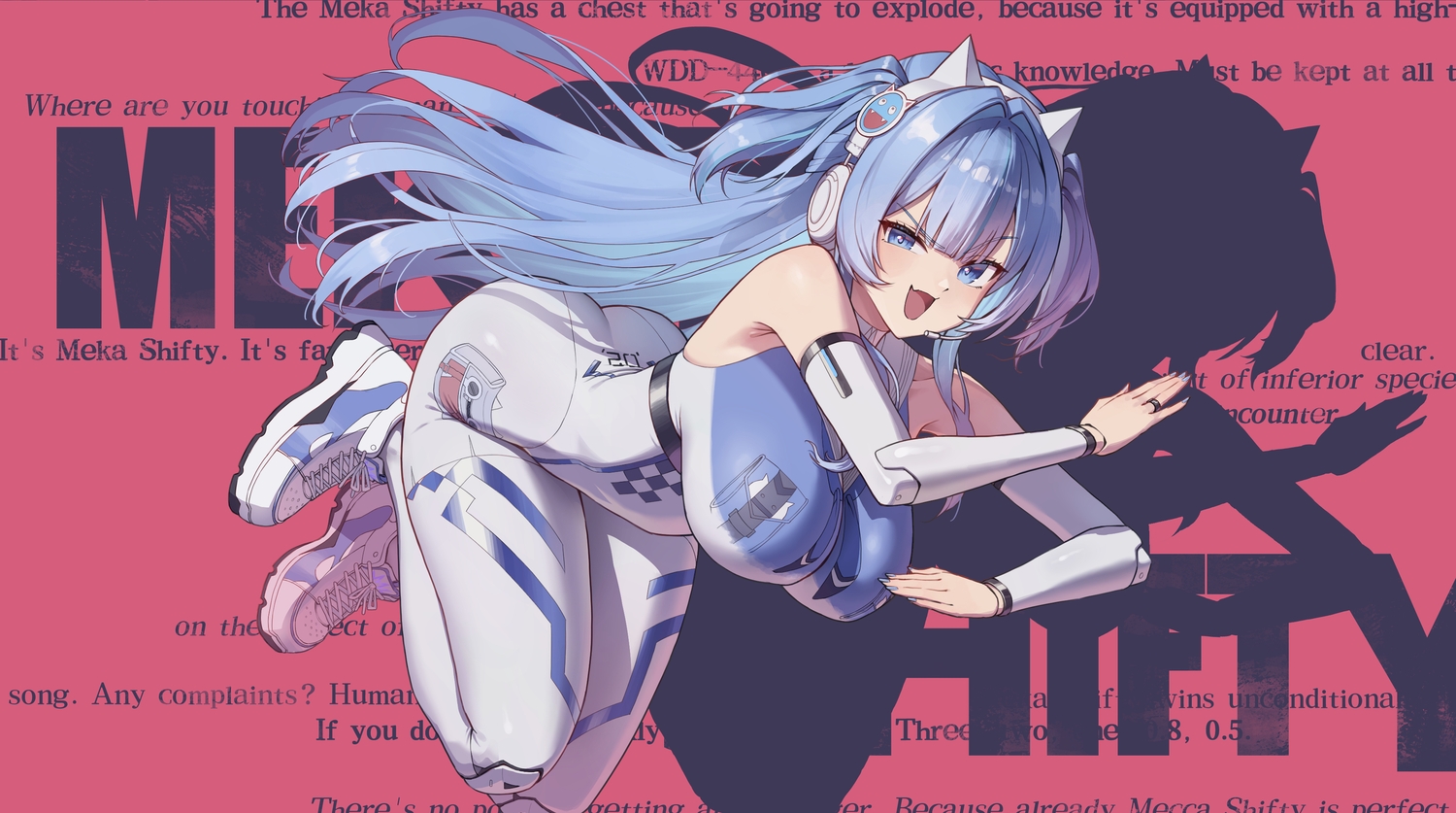 animal_ears, ass, blue_eyes, blue_hair, bodysuit, breasts, cropped, fang