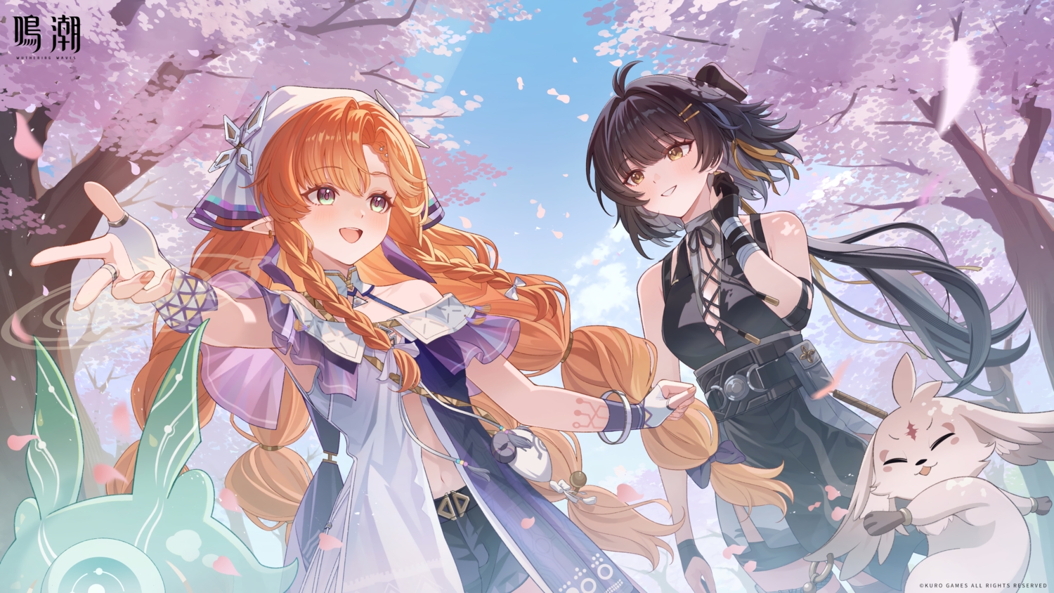 2girls, abby_(wuthering_waves), animal, black_hair, braids, camunekoz, cherry_blossoms, close