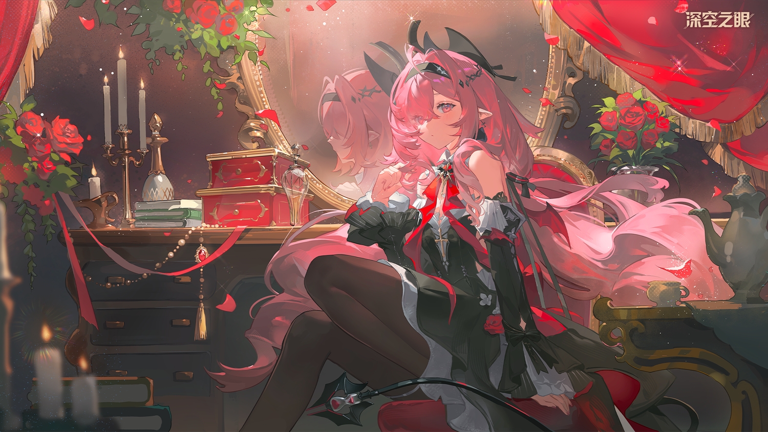 aether_gazer, blush, book, cross, dress, flowers, headband, logo, long_hair, mirror, pantyhose, petals, pink_eyes, pink_hair, pointed_ears, reflection, ribbons, rose, skuld_(aether_gazer), tail, yunouou10