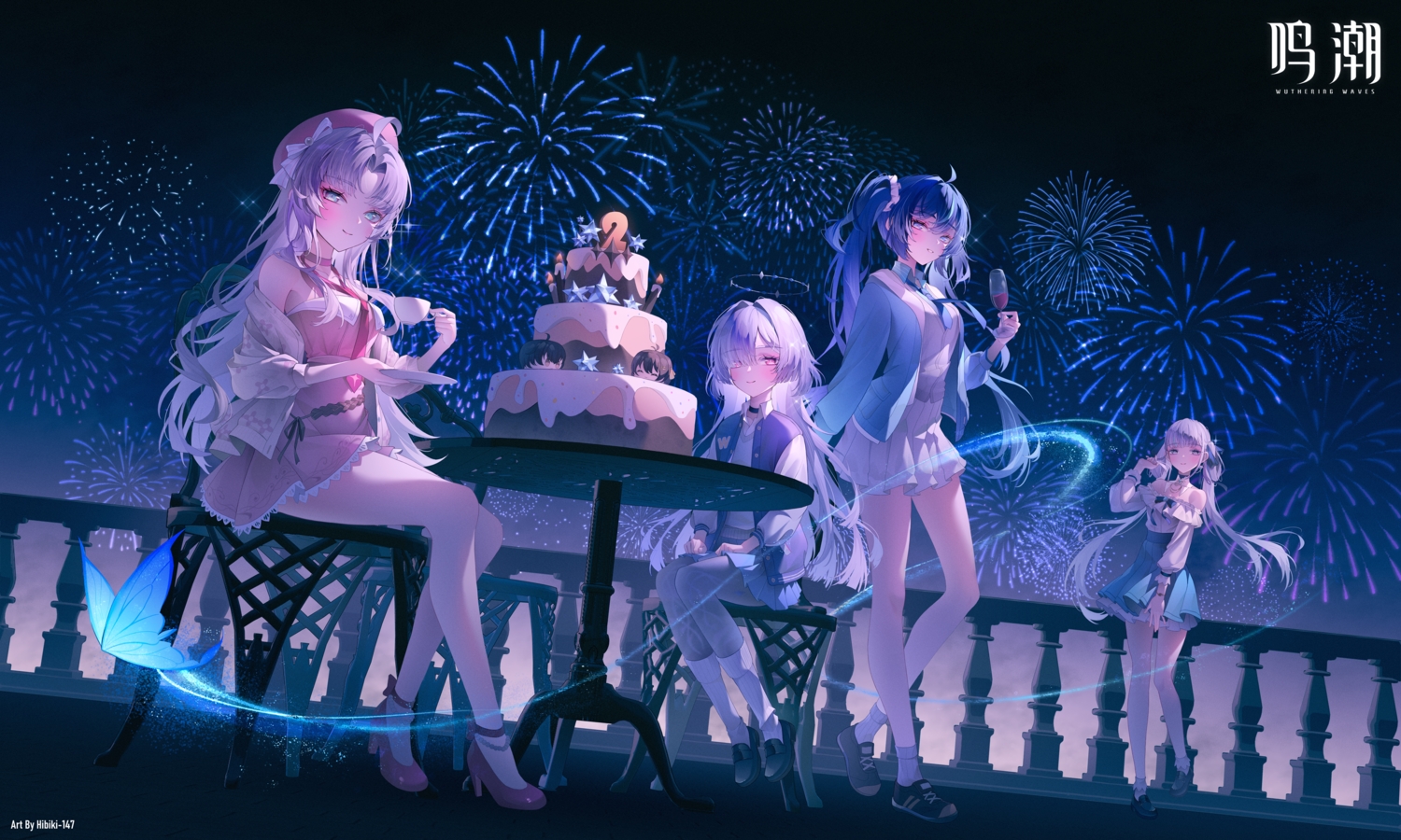 aqua_eyes, blue_eyes, blue_hair, butterfly, cake, carlotta_(wuthering_waves), choker, dress, drink, fireworks, food, gray_hair, group, halo, hat, hibiki-147, iuno_(wuthering_waves), jinhsi_(wuthering_waves), logo, long_hair, mornye_(wuthering_waves), night, pink_eyes, skirt, sky, tie, twintails, watermark, wuthering_waves