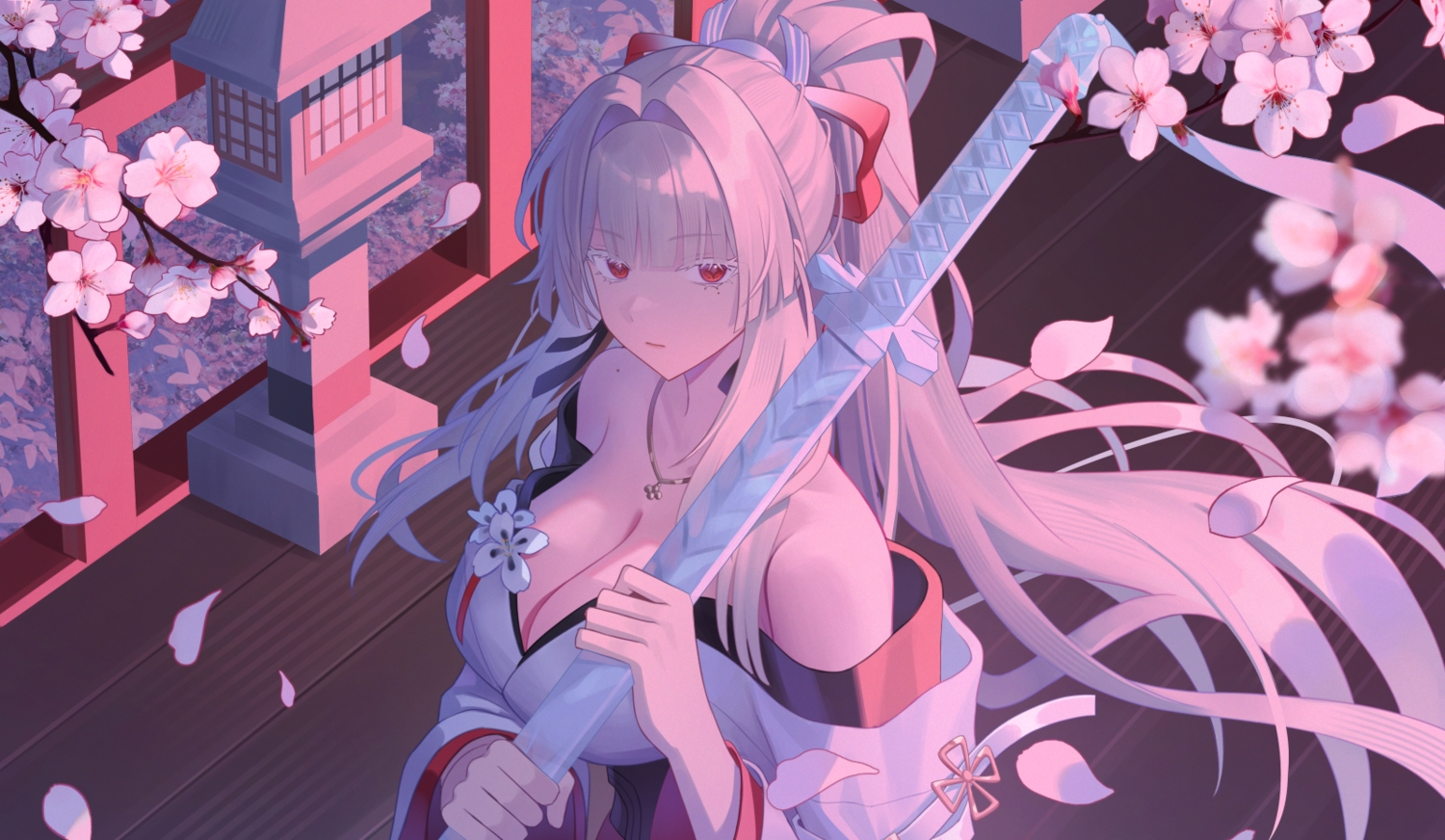 breasts, cherry_blossoms, cleavage, close, dalmo_(pafe2444), flowers, gray_hair, hiyuki_(wuthering_waves)