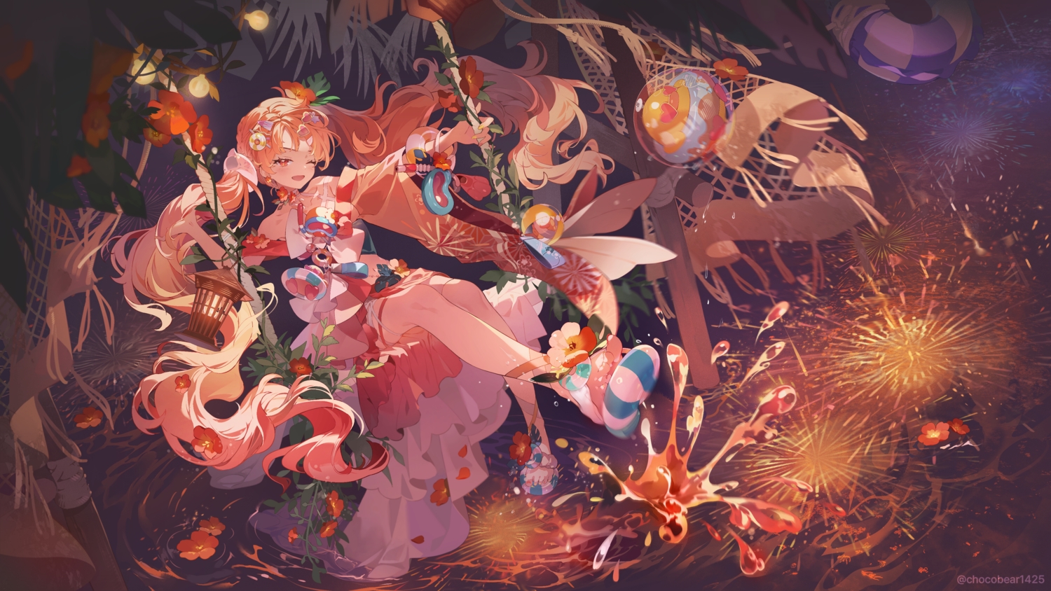 aliasing, braids, fireworks, flowers, japanese_clothes, long_hair, original, pink_hair
