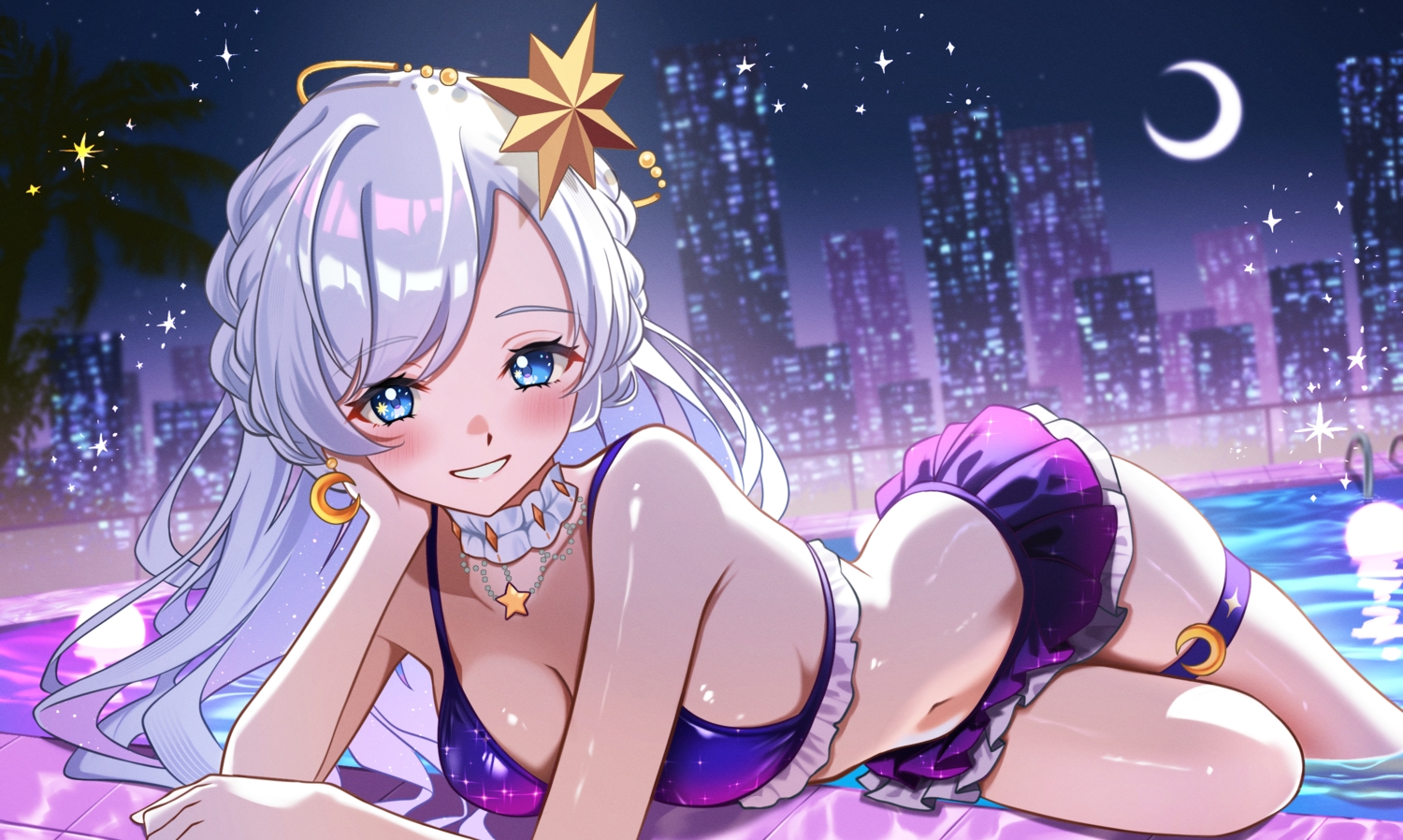 bikini, blue_eyes, breasts, building, choker, city, cleavage, garter, gray_hair, halo, long_hair, mn_(tk-xyz), moon, navel, night, pool, skirt, sky, swimsuit, water