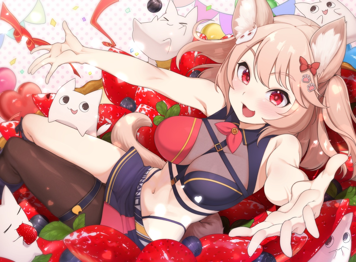 aki_(akikaze_asparagus), animal_ears, blush, brown_hair, food, fruit, garter, hinano_aki