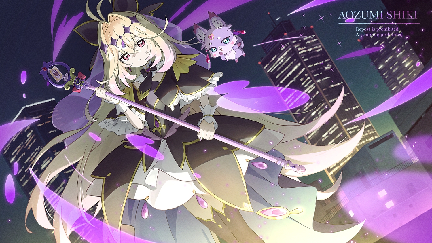 blonde_hair, bow, building, cino_(amairoka), city, cure_arcana_shadow, dress, headband