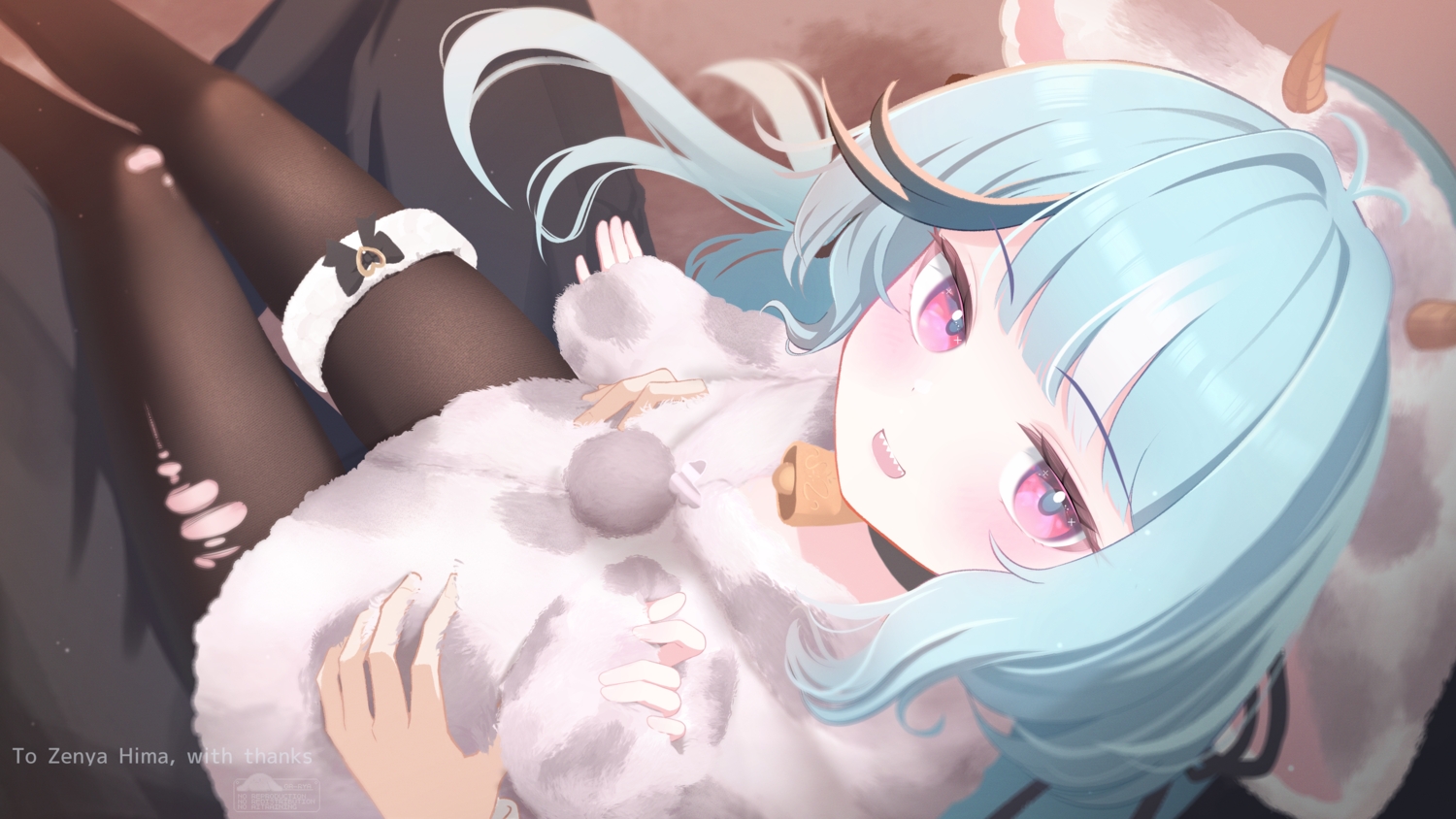 animal_ears, aqua_hair, bell, blush, bow, collar, cowgirl, fang, gaarya, garter, headband, horns, indie_virtual_youtuber, loli, long_hair, pantyhose, pink_eyes, torn_clothes, watermark, zenya_hima