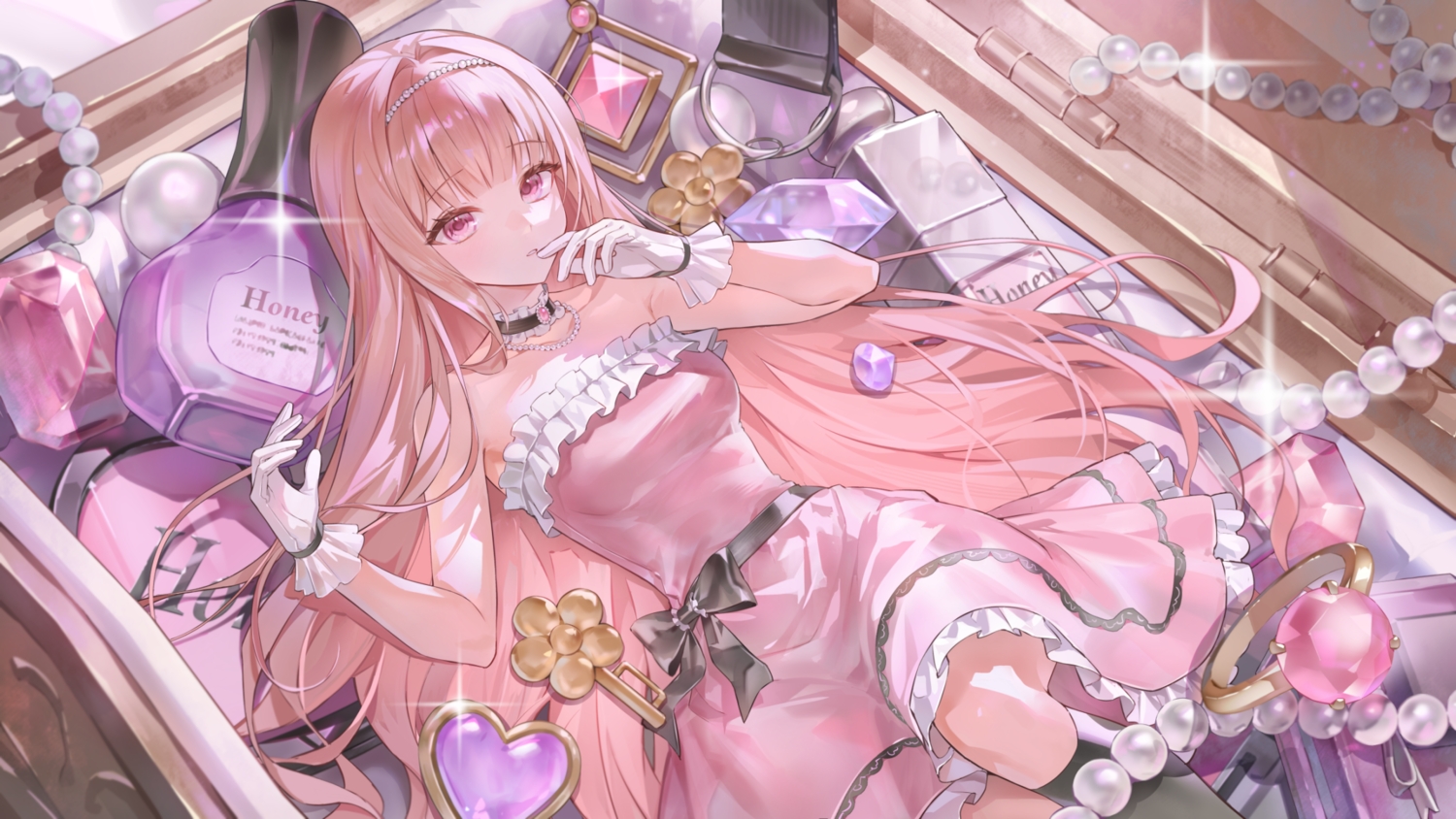 blonde_hair, bow, choker, dress, gloves, headband, honey_churros, kneehighs, long_hair, misa_(misonyeo_s2), necklace, pink_eyes, project_[i]