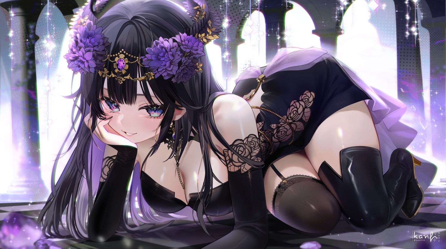 black_hair, boots, breasts, cleavage, dress, flowers, headdress, kanfi, long_hair, purple_eyes, stockings, watermark, zettai_ryouiki