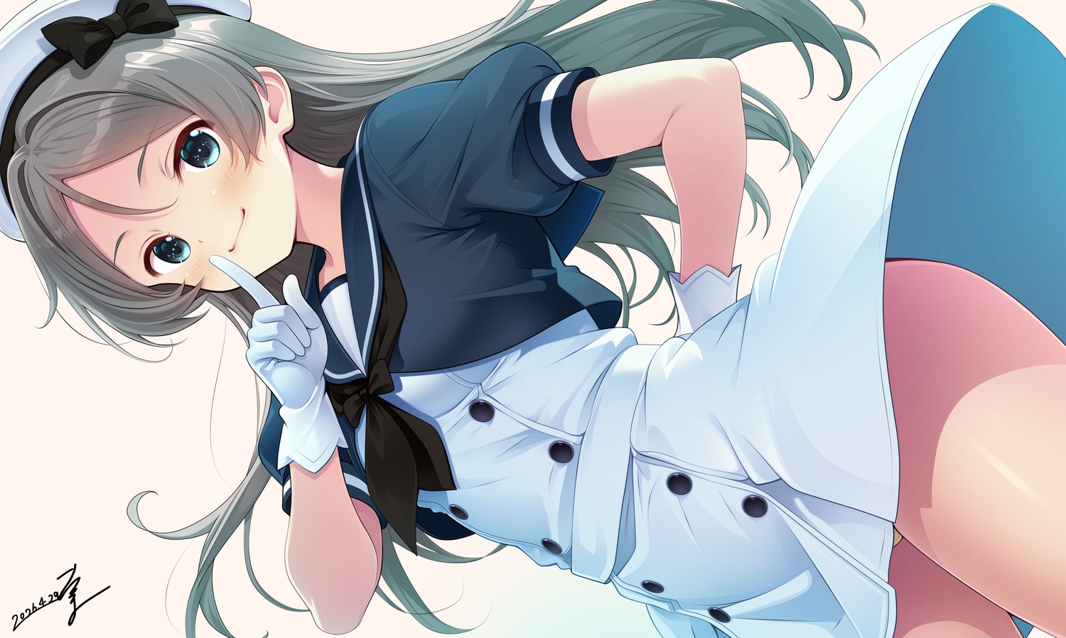 anthropomorphism, aqua_eyes, blush, bow, dress, gloves, gray_hair, hat