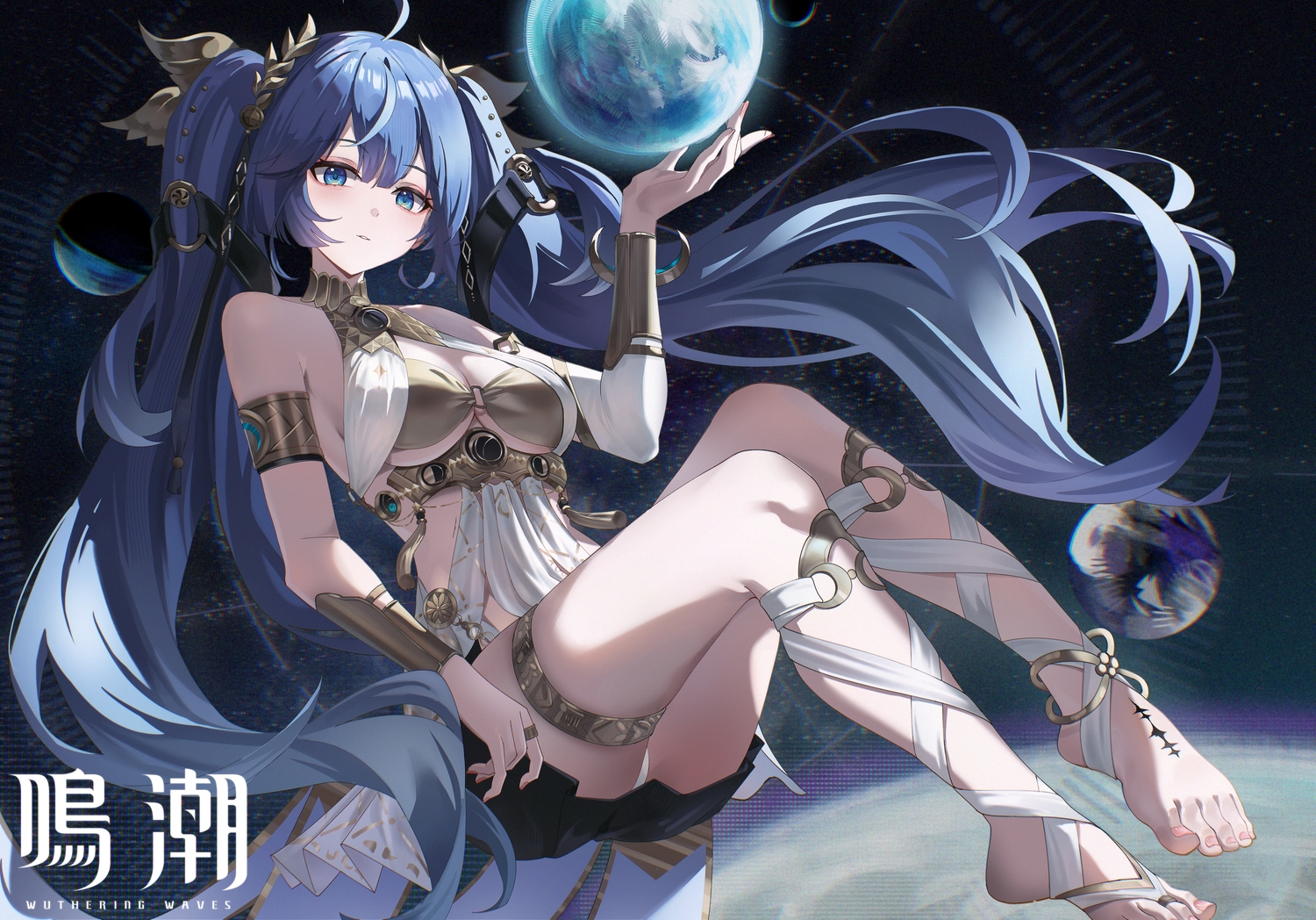 blue_eyes, blue_hair, breasts, cleavage, dress, earth, garter, iuno_(wuthering_waves), long_hair, mogurine, planet, space, twintails, wristwear, wuthering_waves