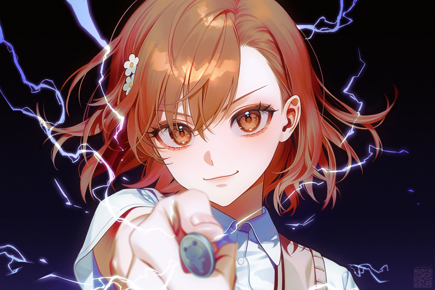 brown_eyes, brown_hair, close, magic, misaka_mikoto, qqubbell, school_uniform, shirt