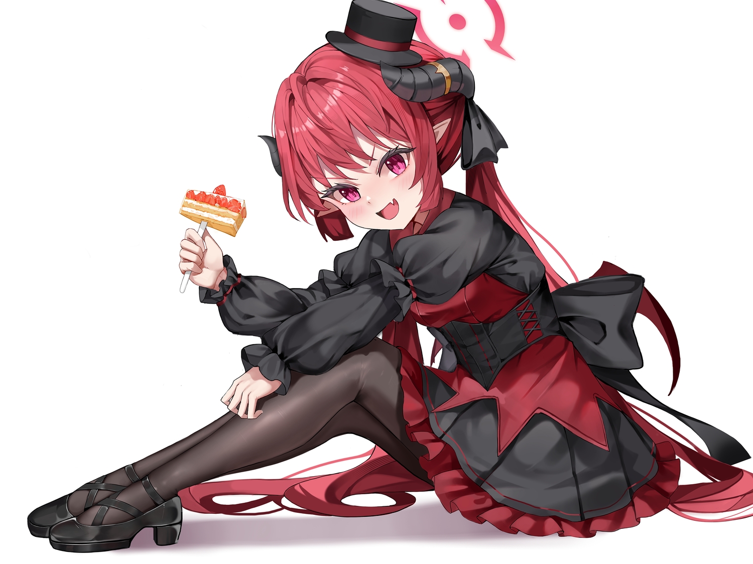 akashi_junko, blue_archive, blush, bow, cake, corset, demon, dobostorte