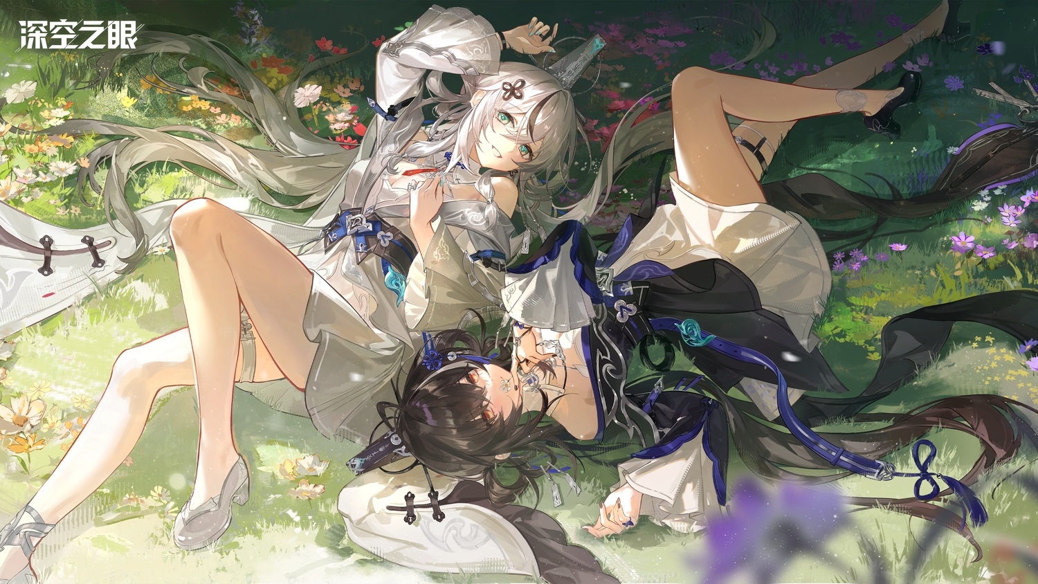 2girls, aether_gazer, aqua_eyes, breast_hold, breasts, brown_hair, chinese_clothes, cleavage