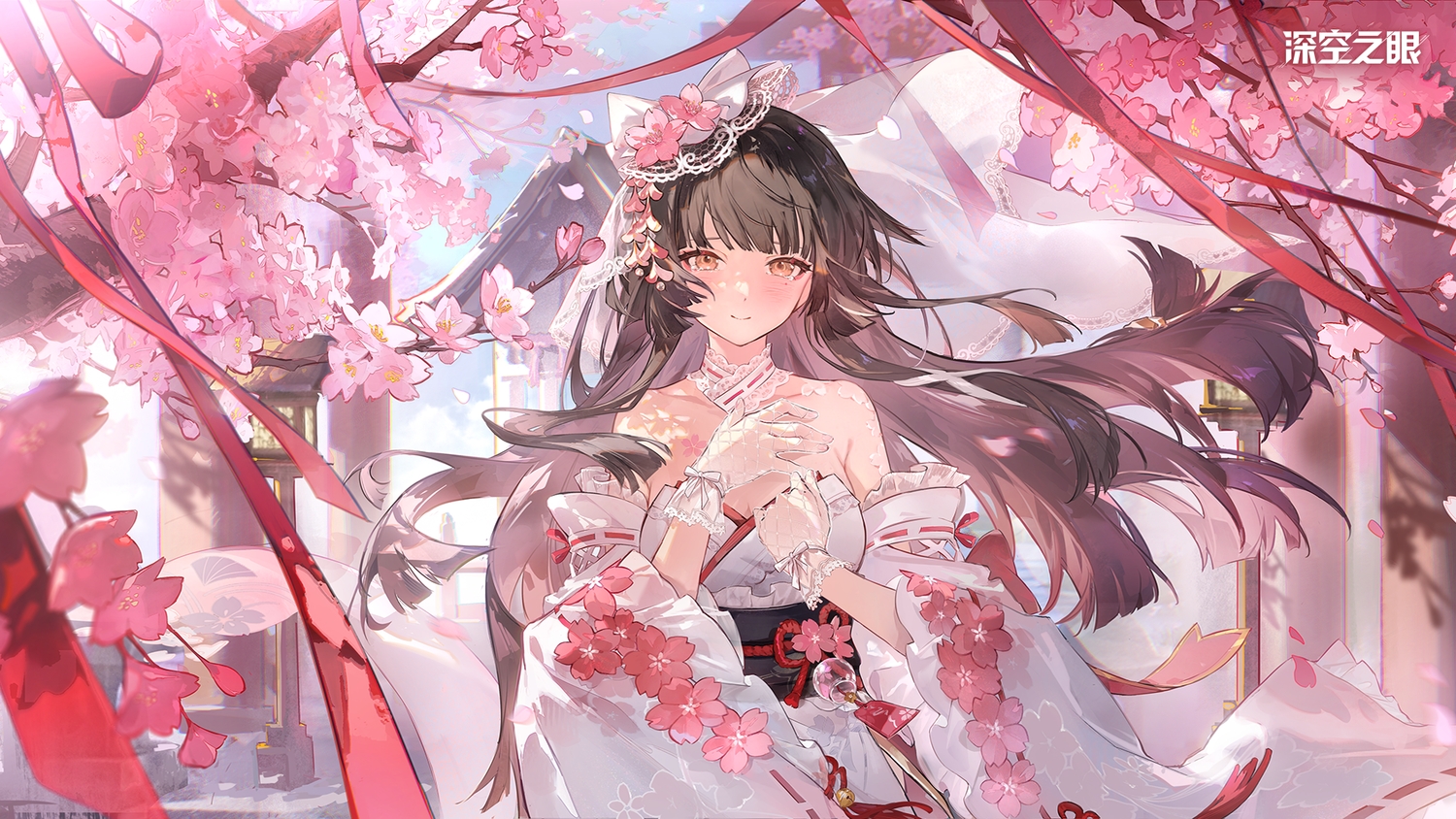 aether_gazer, bell, blush, brown_eyes, brown_hair, cherry_blossoms, choker, close