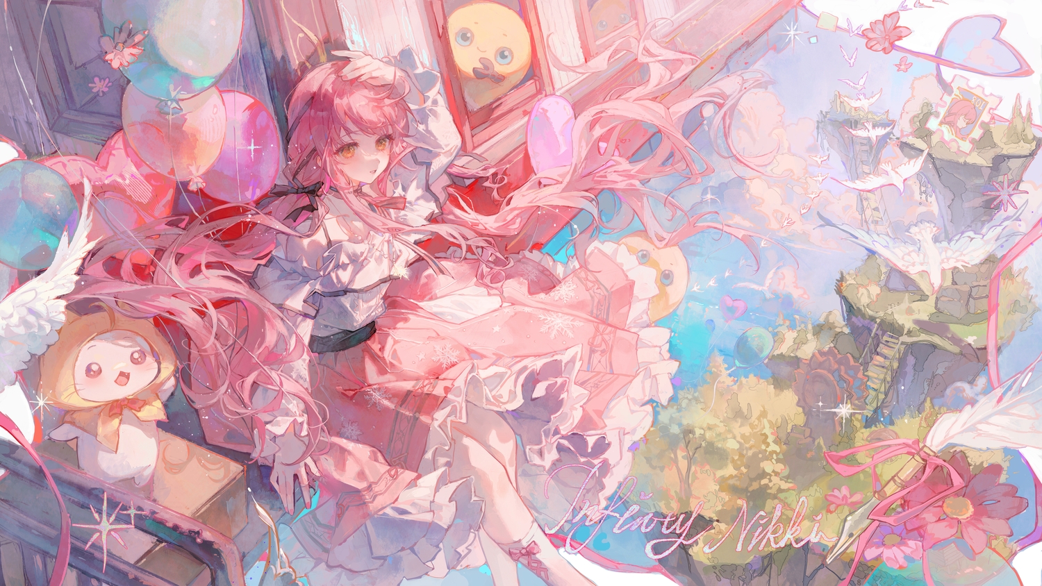animal, bird, bow, building, cat_smile, choker, clouds, fang, hood, infinity_nikki, kneehighs, long_hair, maccha_(mochancc), momo_(nikki), nikki_(nikki), nikki_(series), orange_eyes, pink_hair, ribbons, skirt, sky, stairs, twintails