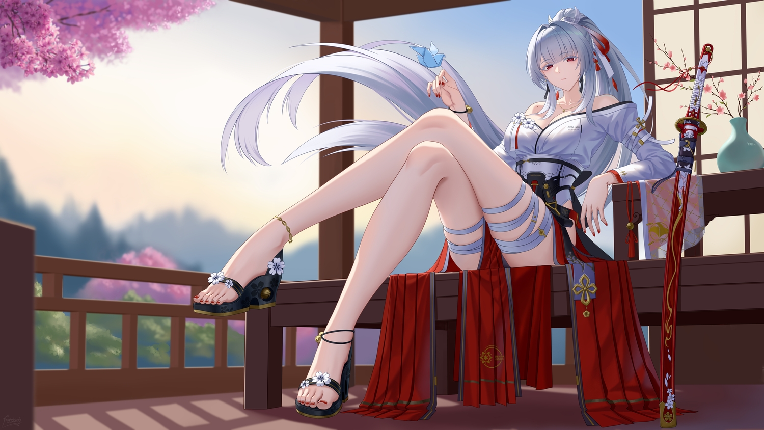 bell, breasts, cleavage, flowers, frozen-sad, garter, gray_hair, hiyuki_(wuthering_waves)