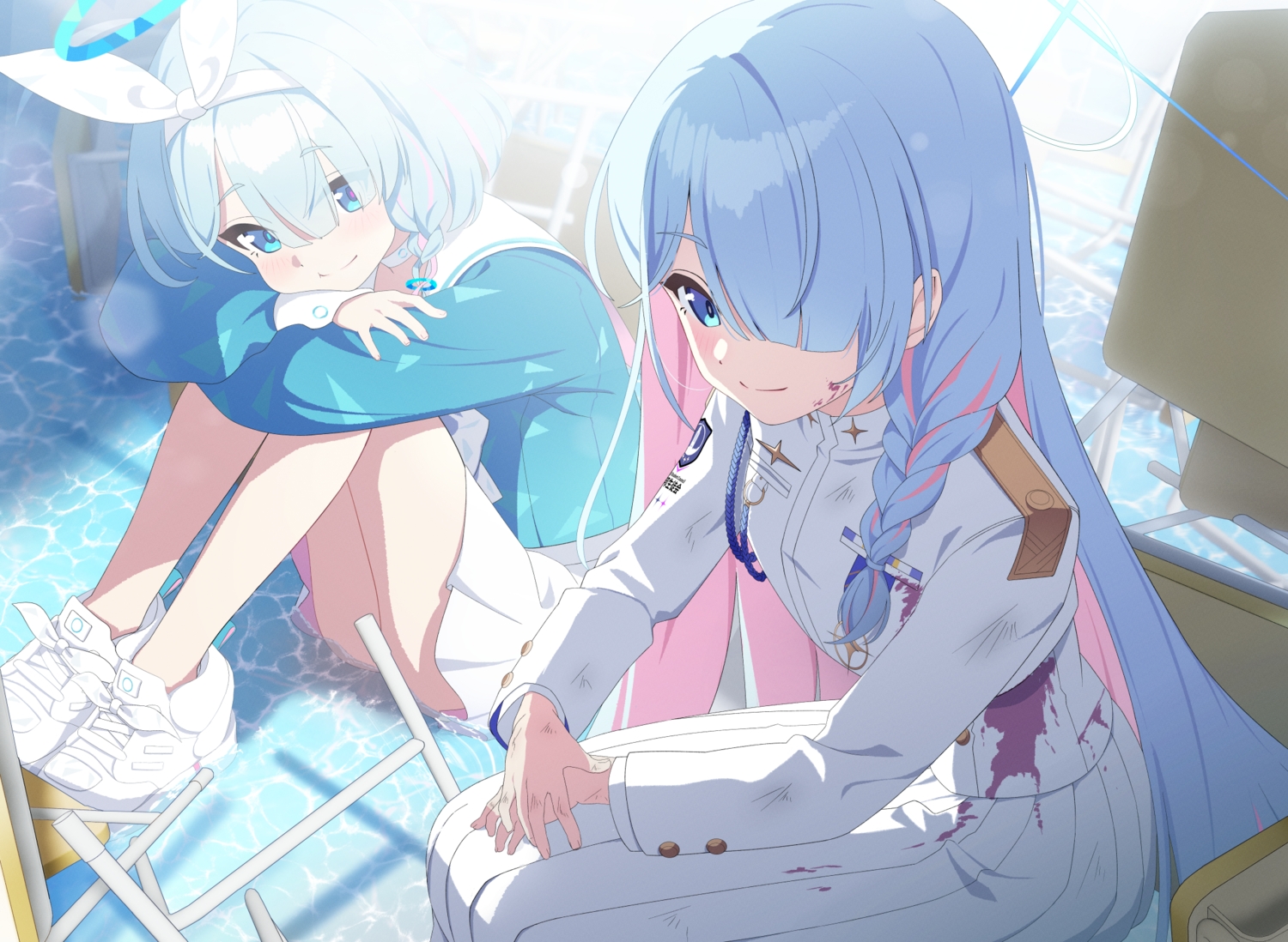 2girls, arona_(blue_archive), blood, blue_archive, blue_eyes, blue_hair, blush, braids