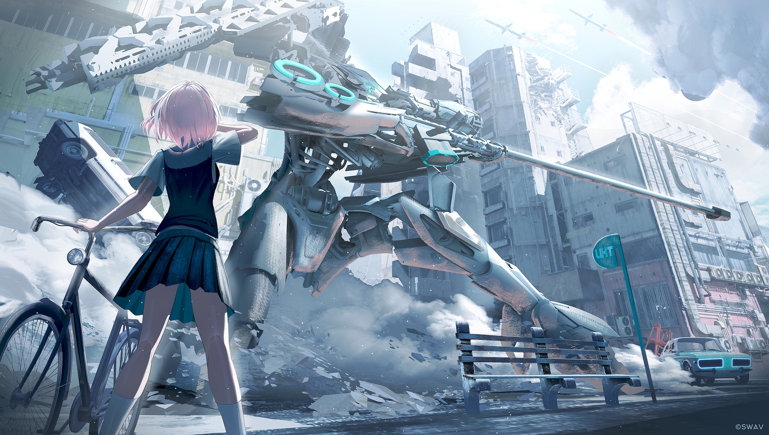 aliasing, bicycle, building, car, city, clouds, kneehighs, mecha