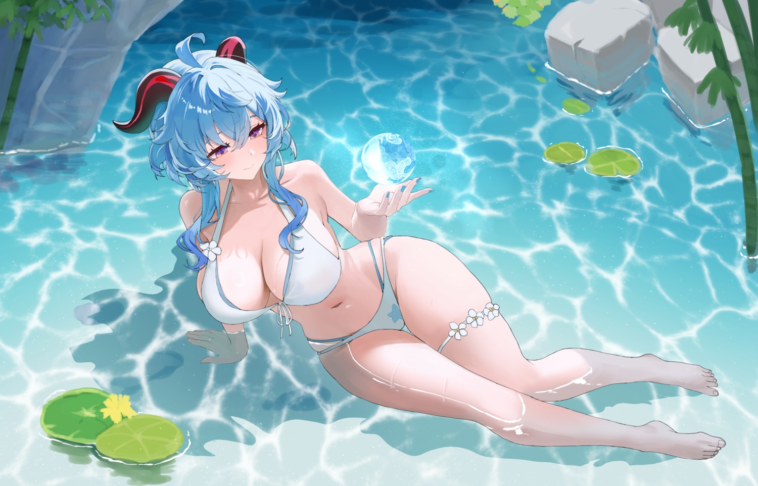 barefoot, bikini, blue_hair, breasts, cleavage, cropped, ddeumbugi, ganyu_(genshin_impact)