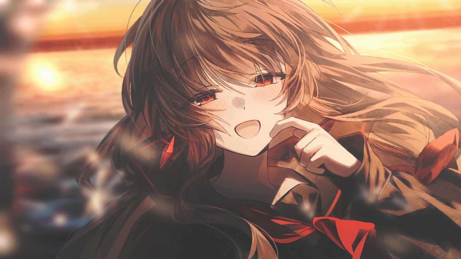 blush, brown_hair, close, hayamasalt, long_hair, red_eyes, sunset
