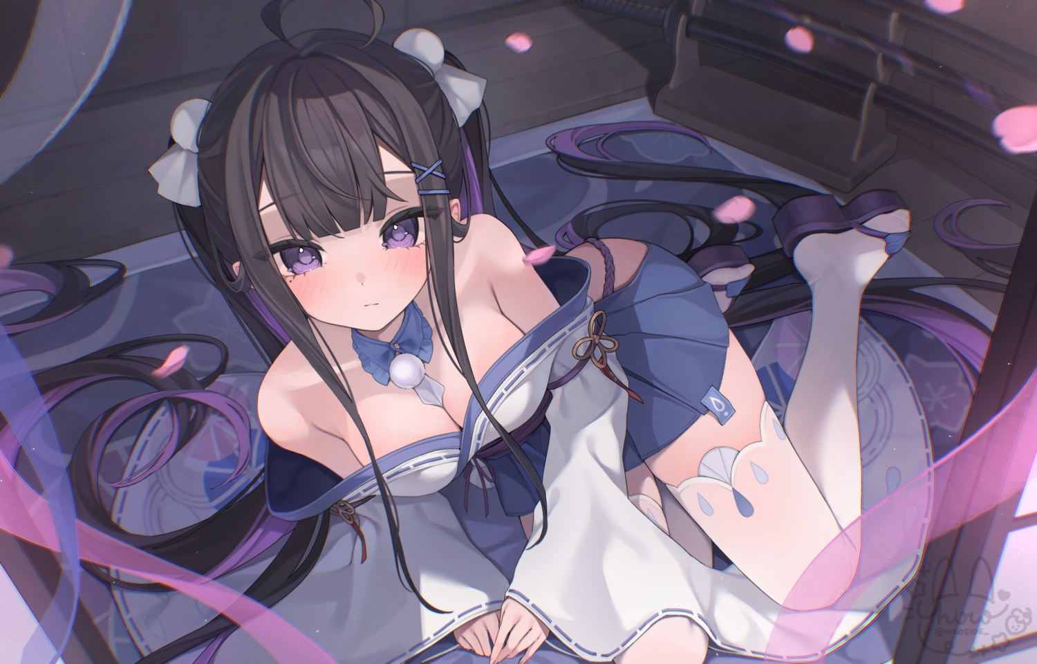 blush, breasts, brown_hair, chitose_(stella_sora), choker, cleavage, hiroside, japanese_clothes
