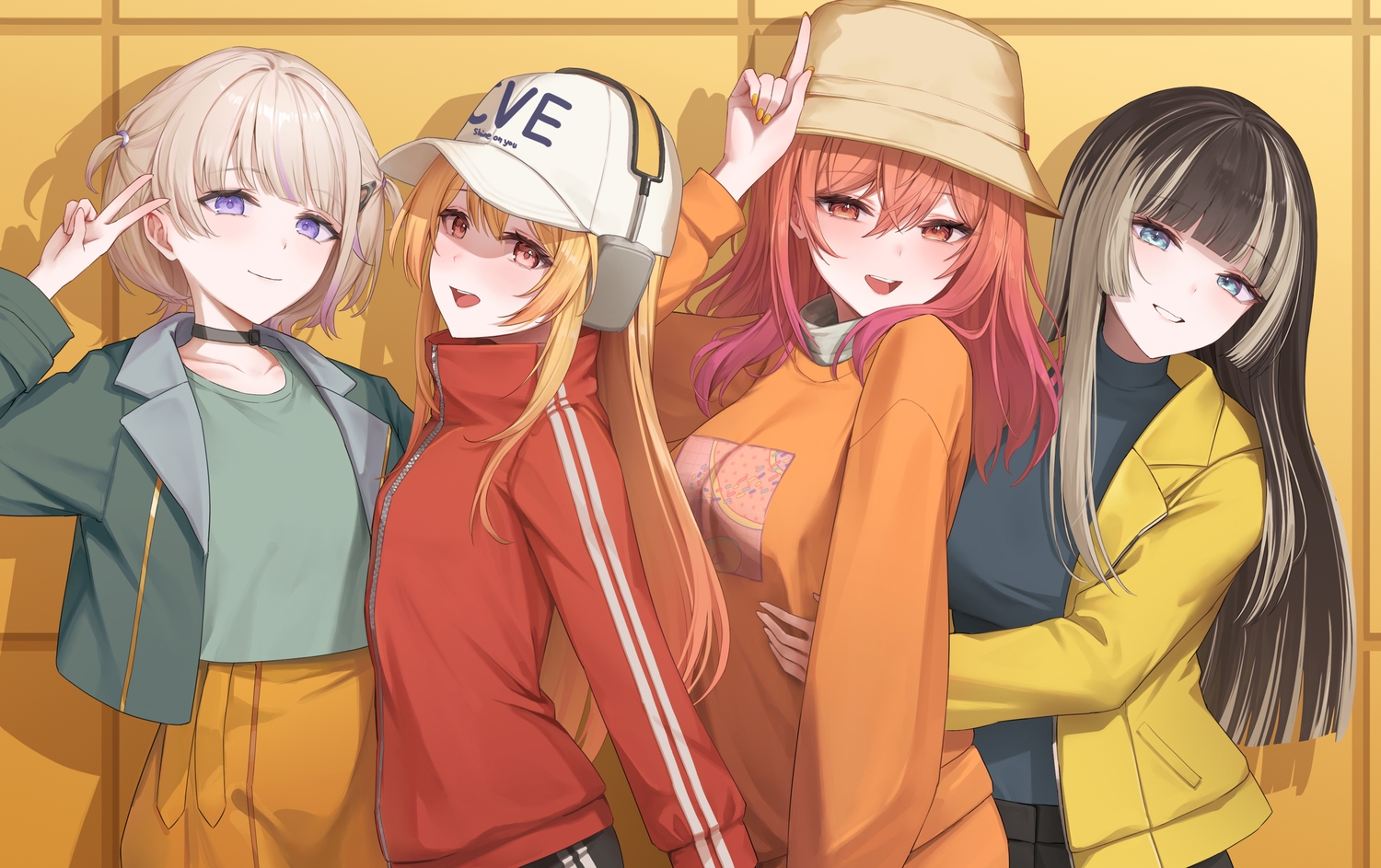 blonde_hair, blue_eyes, brown_eyes, brown_hair, close, gray_hair, group, hat, headphones, hololive, hug, ichijou_ririka, juufuutei_raden, long_hair, otonose_kanade, purple_eyes, red_eyes, short_hair, steelball_(jwk76806995), todoroki_hajime