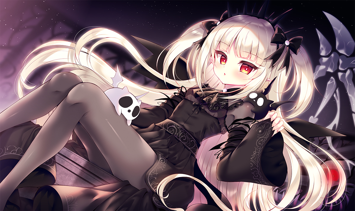 a_bao_a_qu_the_lightless_shadow, blush, bow, goth-loli, loli, lolita_fashion, long_hair, night, pantyhose, pointed_ears, red_eyes, sky, stars, suzunone_rena, twintails, white_hair, wings, yu-gi-oh