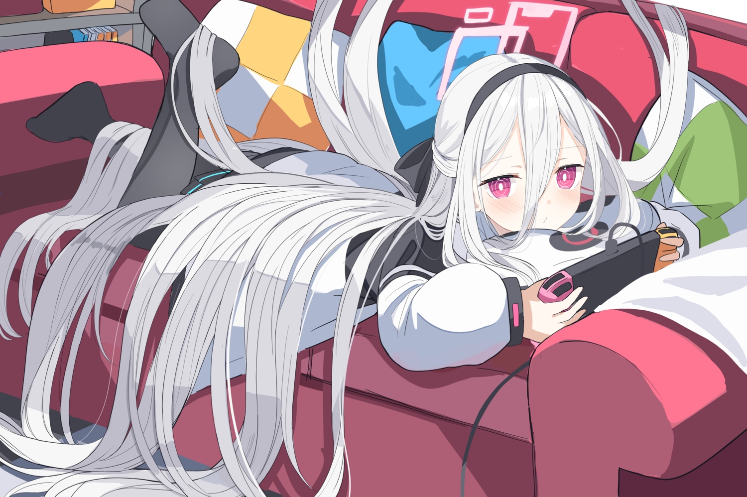 blue_archive, blush, couch, force_(fossan_01), game_console, gray_hair, halo, headband