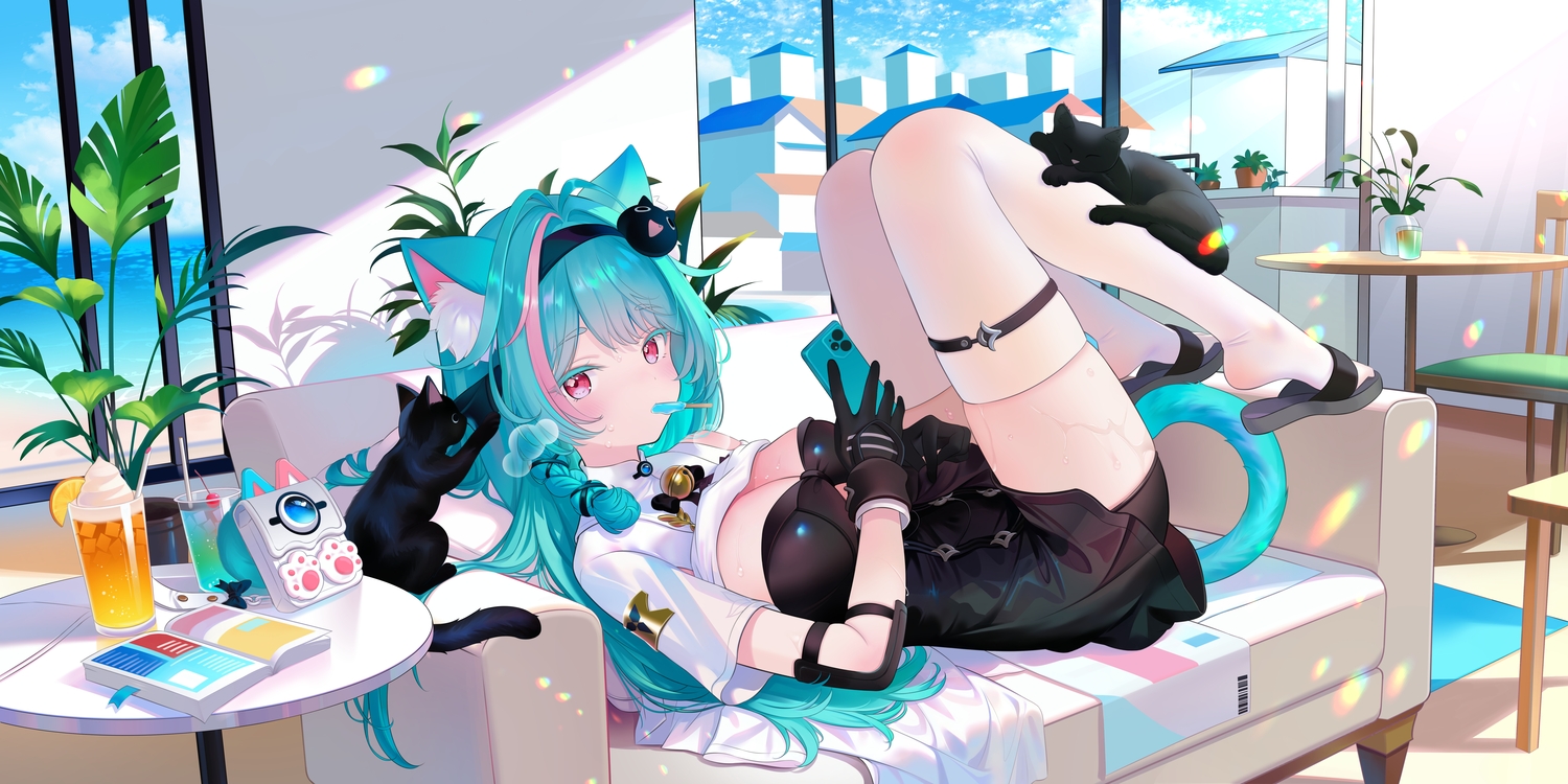 animal, animal_ears, aqua_hair, beach, bell, book, breasts, building, cat, catgirl, cherry, cleavage, clouds, couch, drink, food, fruit, garter, gloves, headband, long_hair, mint_(nte), neverness_to_everness, phone, pink_eyes, popsicle, sky, tail, thighhighs, water, wet, zhcx7832