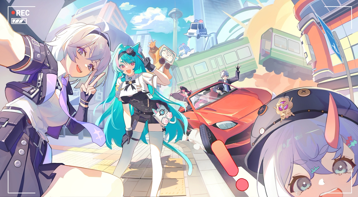 animal_ears, aqua_hair, bow, building, camera, car, catgirl, city, clouds, esper_zero_(nte), garter, gloves, gray_eyes, gray_hair, group, hat, headband, horns, lacrimosa_(nte), long_hair, male, mint_(nte), neverness_to_everness, pink_eyes, pink_hair, sakiri_(nte), school_uniform, short_hair, skirt, sky, tail, thighhighs, tie, toki88909, train