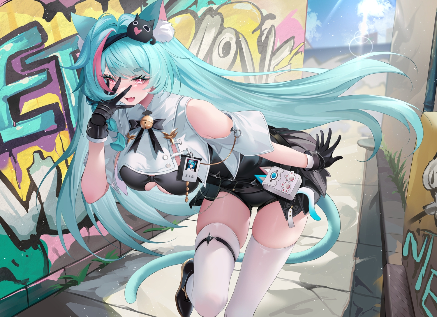 animal_ears, aqua_hair, bell, bow, breasts, building, catgirl, cleavage
