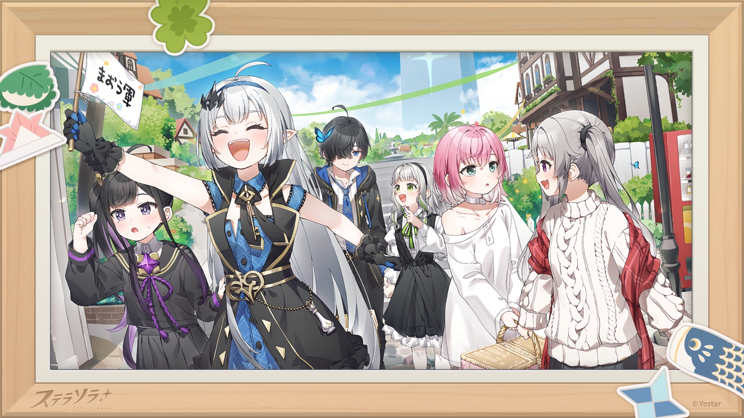 aqua_eyes, black_hair, blue_eyes, blush, building, butterfly, chitose_(stella_sora), clouds, collar, dress, fang, female_tyrant_(stella_sora), firenze_(stella_sora), gerie_(stella_sora), gloves, gray_hair, green_eyes, group, headband, hood, laru_(stella_sora), logo, long_hair, male, male_tyrant_(stella_sora), no_bra, pink_hair, pointed_ears, ponytail, purple_eyes, red_eyes, school_uniform, shirt, skirt, sky, stella_sora, tie, tree, twintails, watermark, yukie_(kusaka_shi)