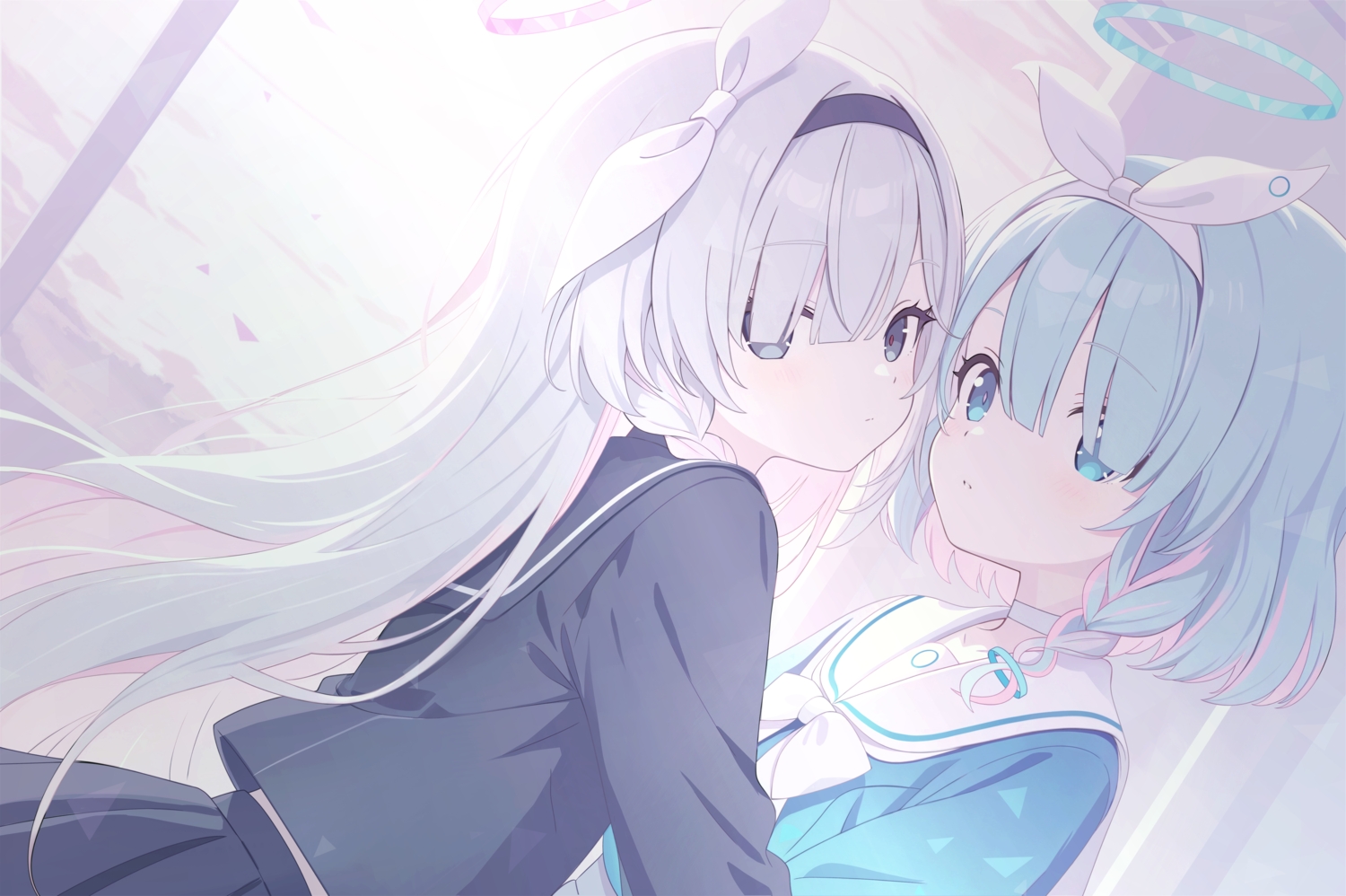 2girls, aqua_eyes, aqua_hair, arona_(blue_archive), black_eyes, blue_archive, blush, braids, choker, close, clouds, gray_hair, halo, headband, long_hair, menglan_kio233, plana_(blue_archive), school_uniform, shirt, short_hair, shoujo_ai, skirt, sky