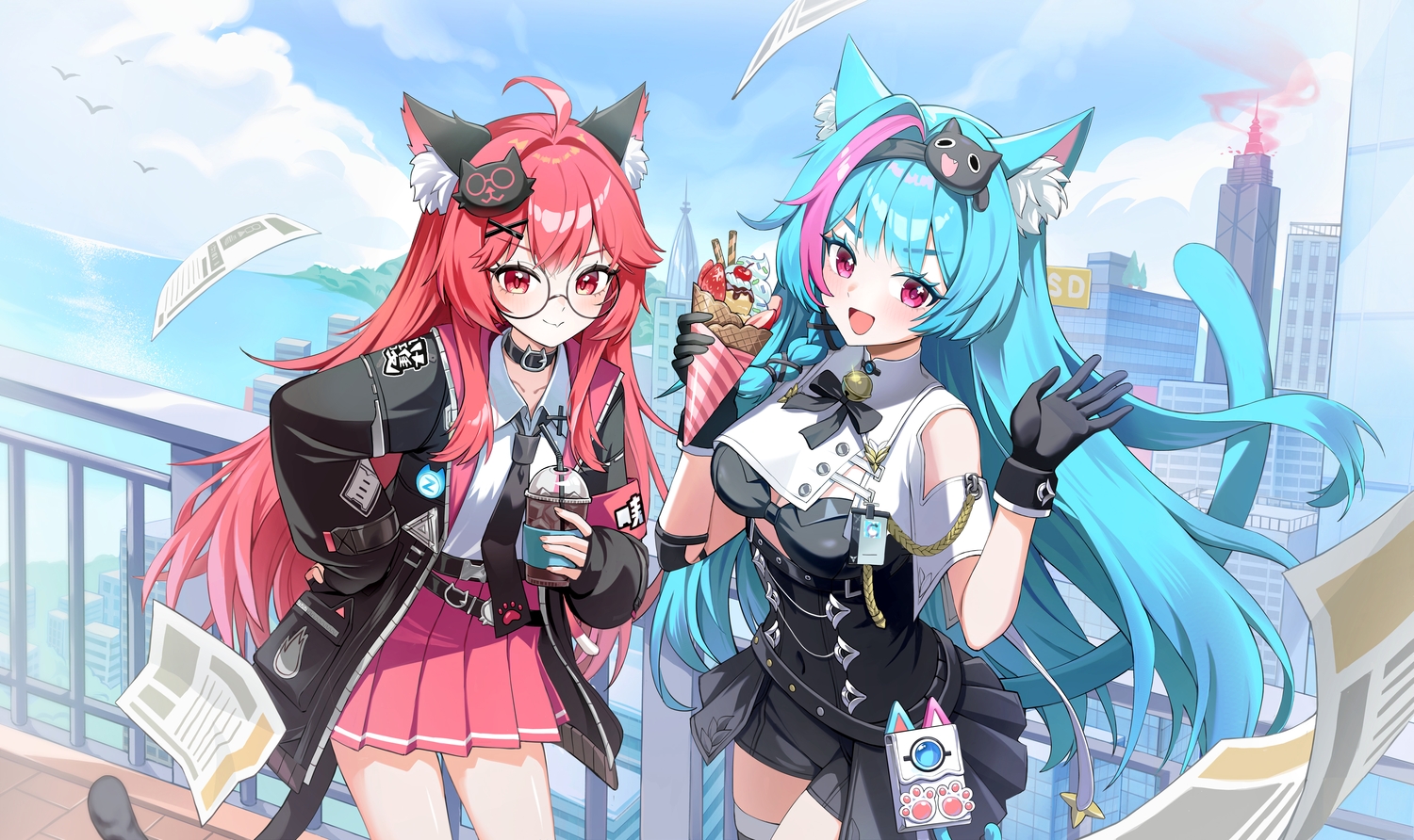 2girls, animal_ears, aqua_hair, braids, building, catgirl, cherry, choker