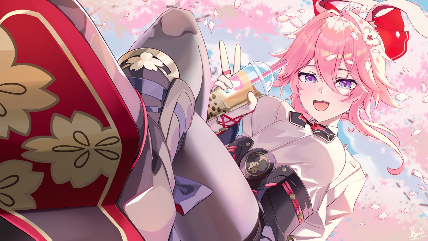animal_ears, cherry_blossoms, close, drink, evanescia_(honkai:_star_rail), flowers, honkai_(series), honkai:_star_rail, pantyhose, pink_hair, purple_eyes, reymrd