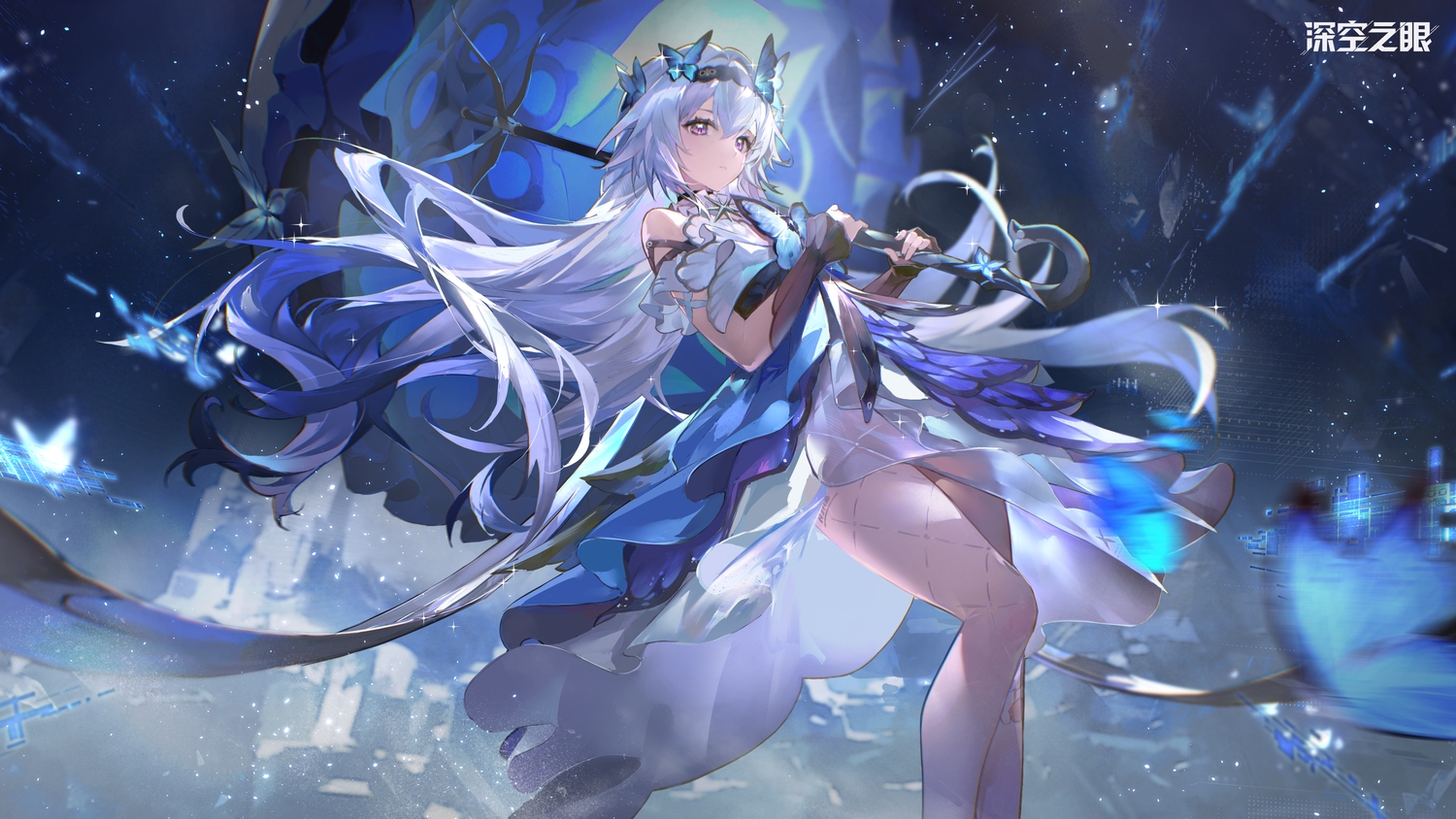 aether_gazer, butterfly, dress, gray_hair, headband, hella_(aether_gazer), logo, long_hair, purple_eyes, tagme_(artist), umbrella