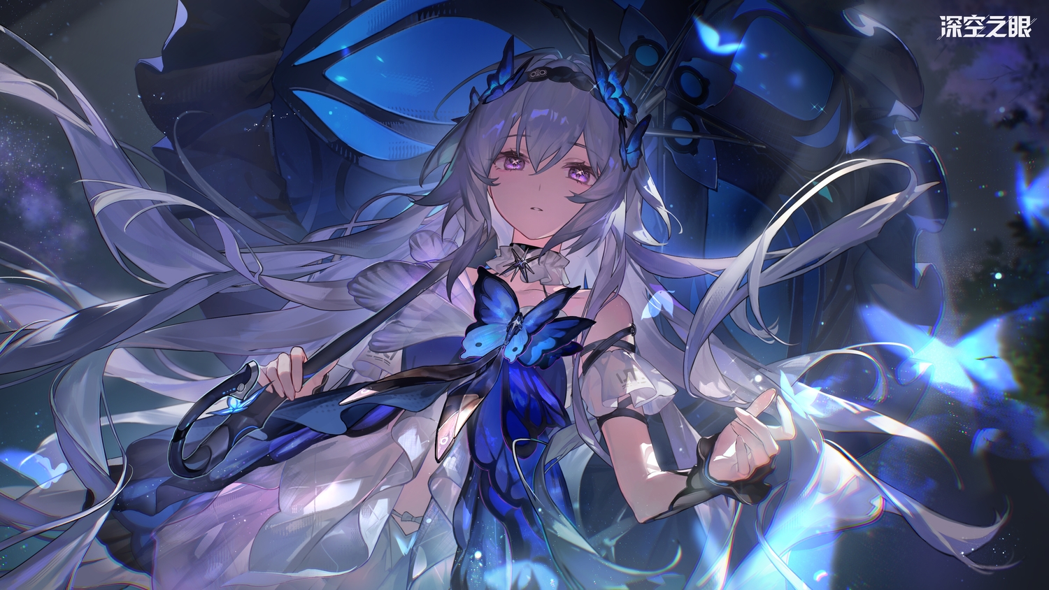 aether_gazer, butterfly, close, dress, gray_hair, headband, hella_(aether_gazer), logo, long_hair, purple_eyes, tagme_(artist), umbrella