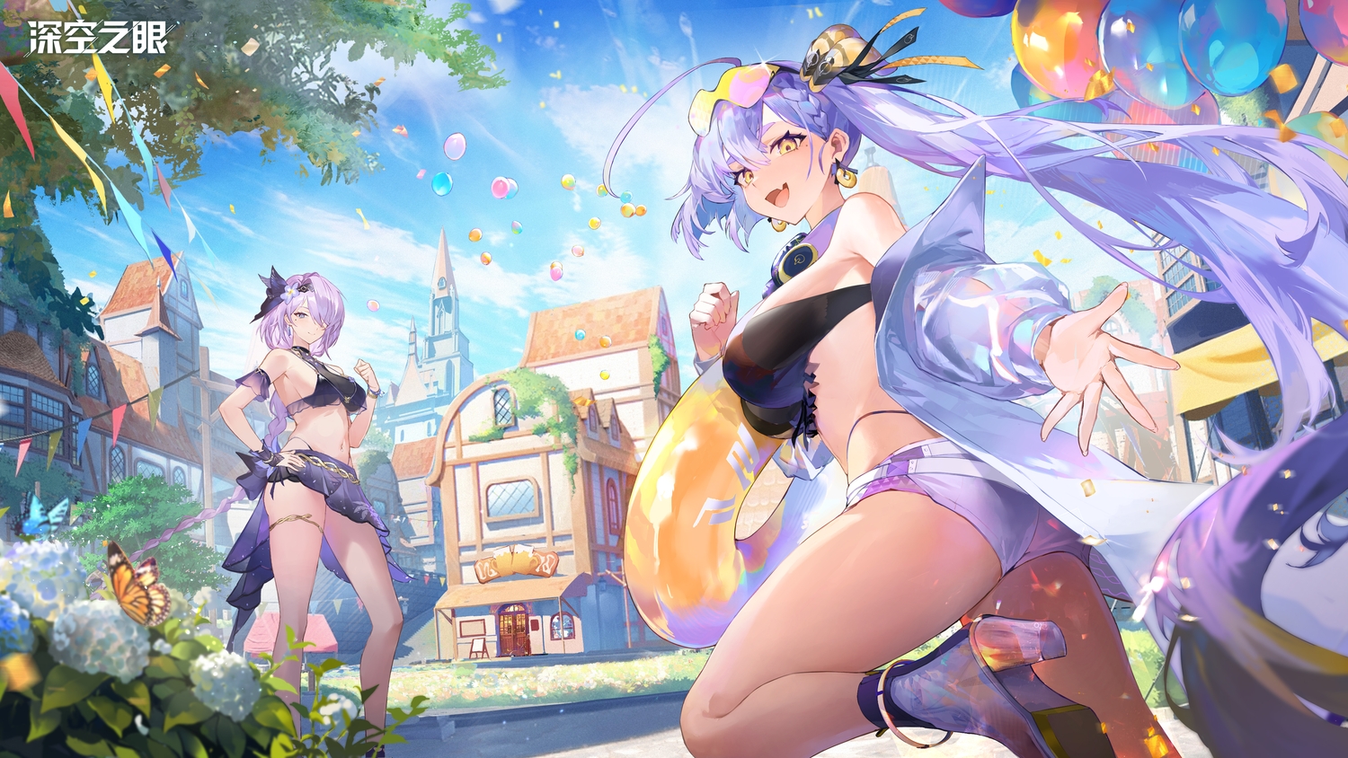 2girls, aether_gazer, ass, braids, building, butterfly, clouds, fang