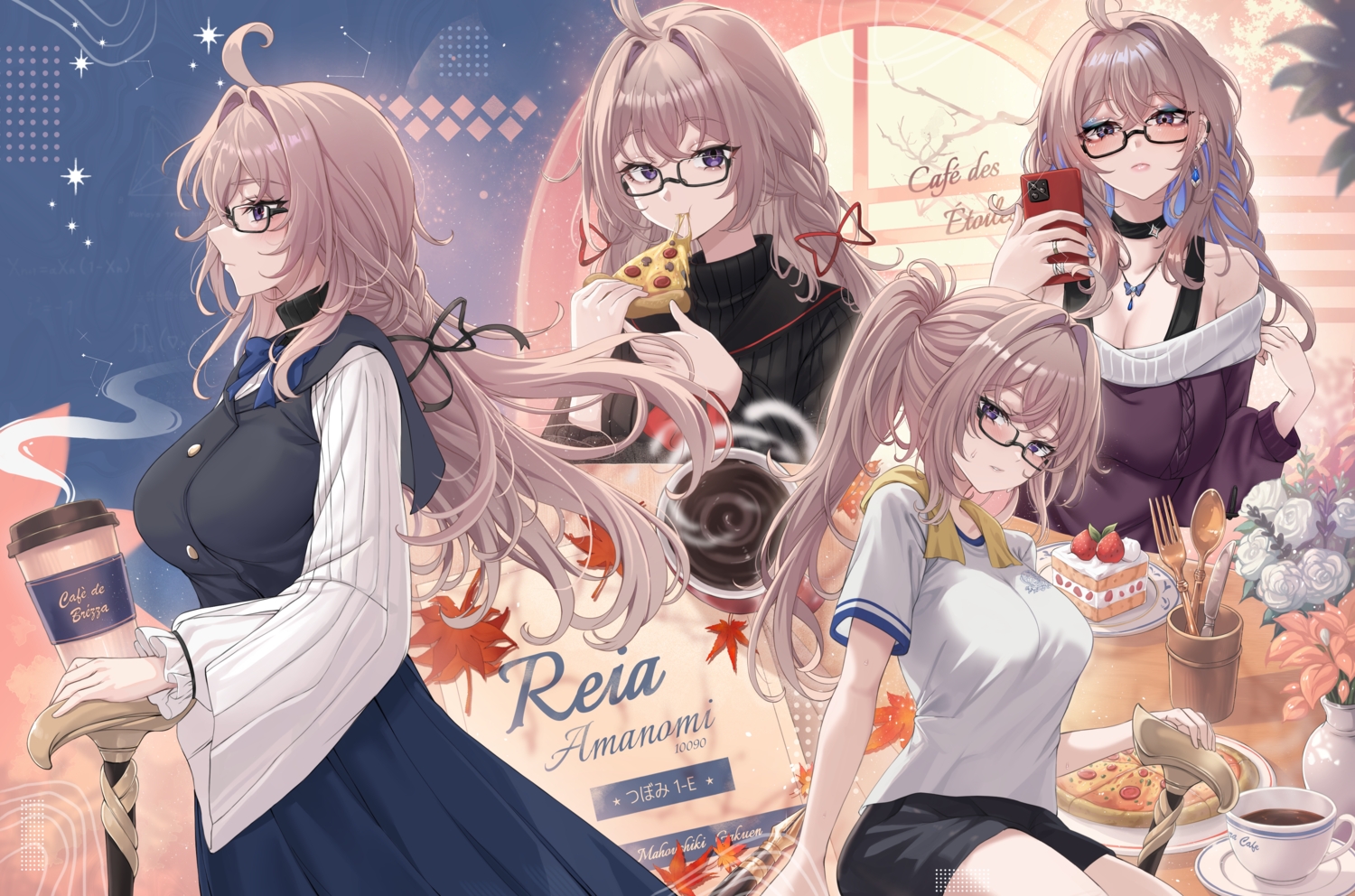 blush, bow, braids, brown_hair, drink, flowers, food, glasses
