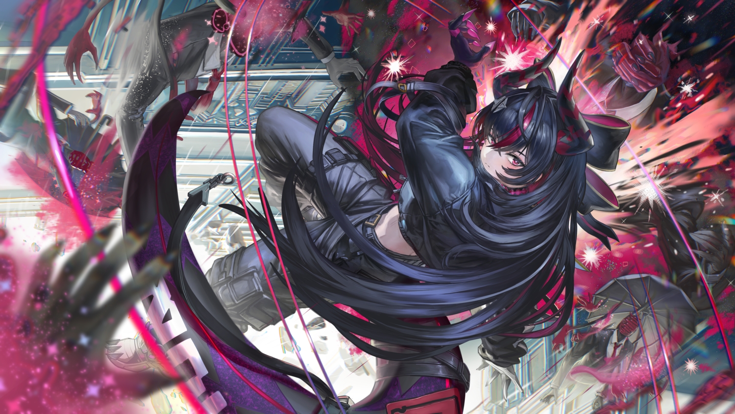 black_hair, bow, garter, hir0nohir0, horns, long_hair, neverness_to_everness, pink_eyes, shinku_(nte), tail