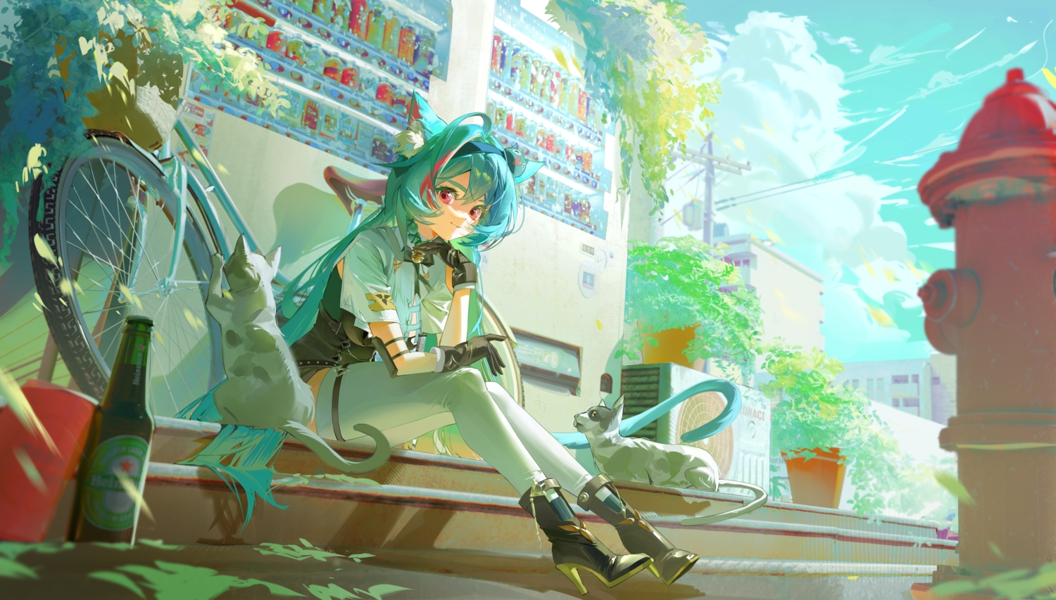 animal, animal_ears, aqua_hair, bell, bicycle, braids, building, cat