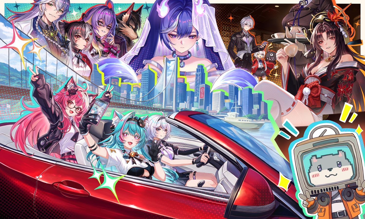 animal_ears, aqua_hair, baicang_(nte), braids, building, camera, car, catgirl