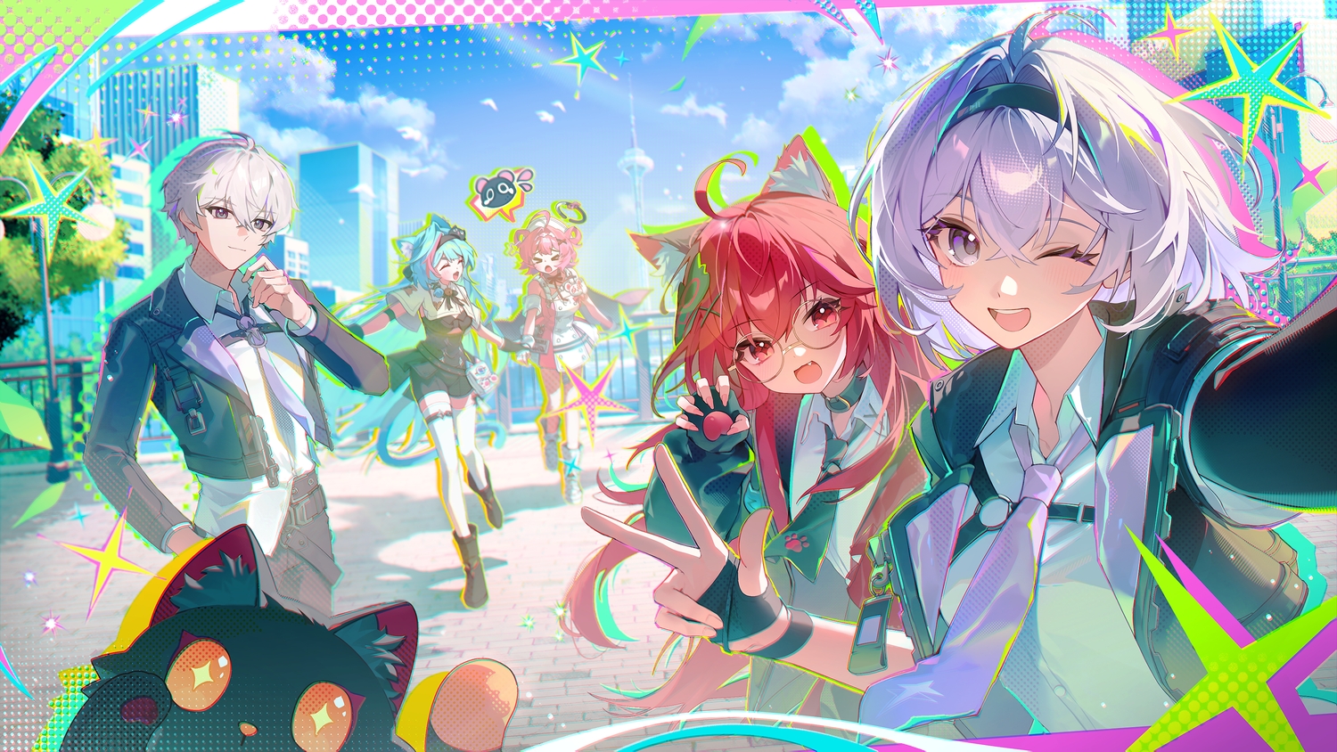animal, animal_ears, aqua_hair, building, cat, catgirl, chiz_(nte), choker, city, clouds, esper_zero_(nte), fang, garter, gloves, gray_eyes, gray_hair, group, halo, headband, long_hair, male, mint_(nte), nanally_(nte), neverness_to_everness, pink_hair, red_eyes, red_hair, school_uniform, sky, tagme_(artist), thighhighs, tie, wink