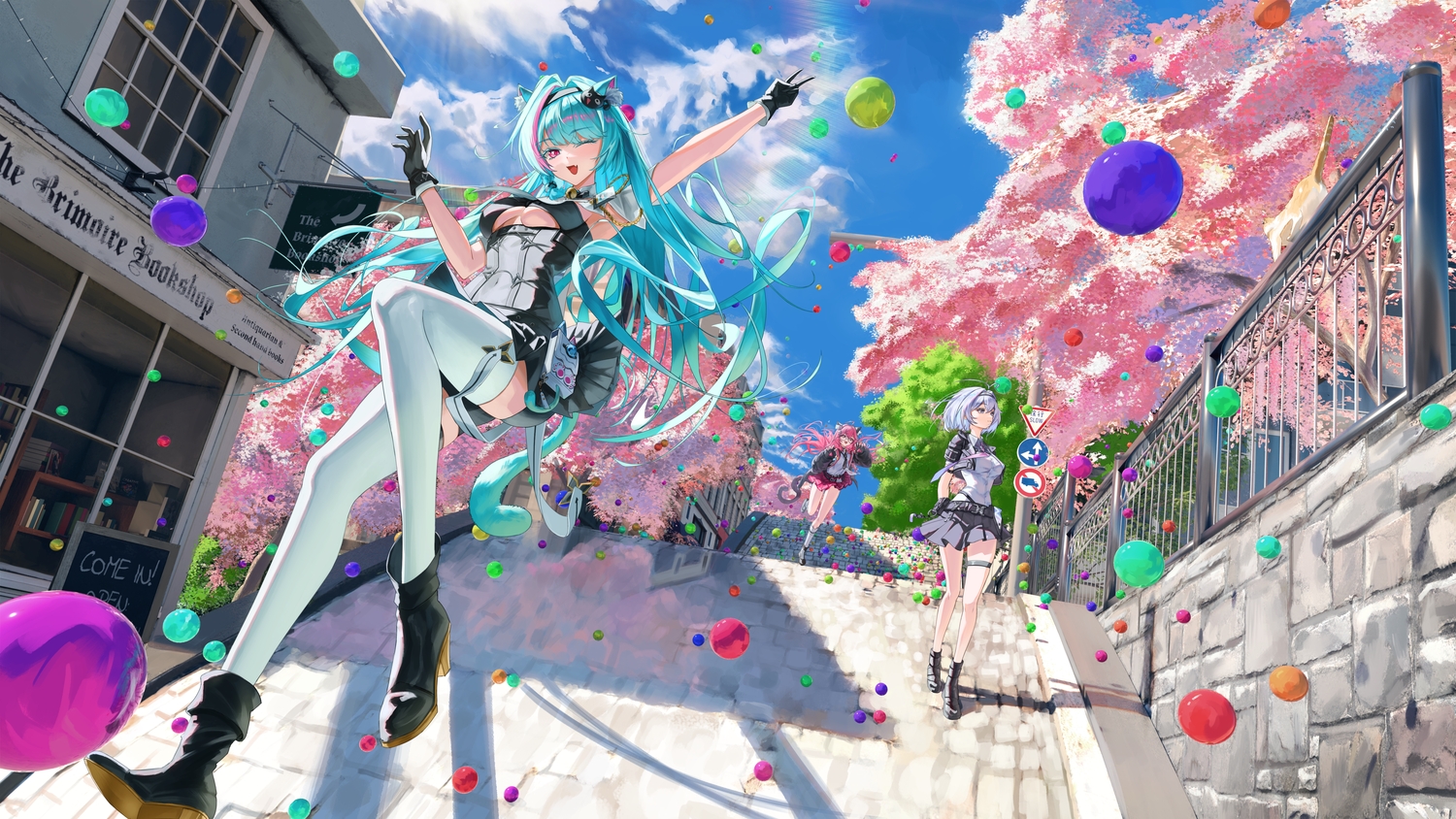 3d, animal_ears, aqua_hair, building, catgirl, clouds, esper_zero_(nte), garter, glasses, gloves, gray_hair, headband, long_hair, mint_(nte), nanally_(nte), neverness_to_everness, nirvana_(gkswls9802), no_bra, pink_eyes, school_uniform, short_hair, skirt, sky, spring, tail, thighhighs, tie, tree, wink