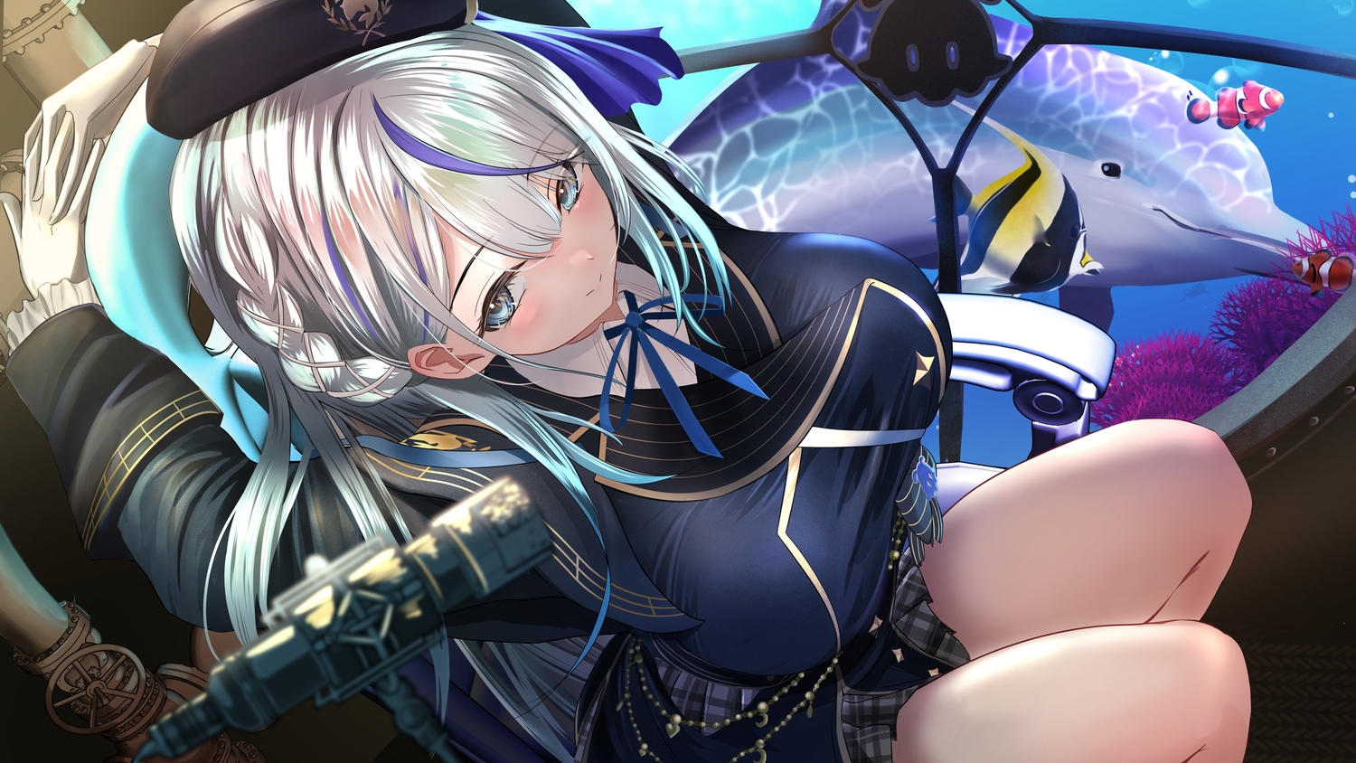 amagai_ruka, animal, barona, braids, dolphin, gloves, gray_eyes, gray_hair