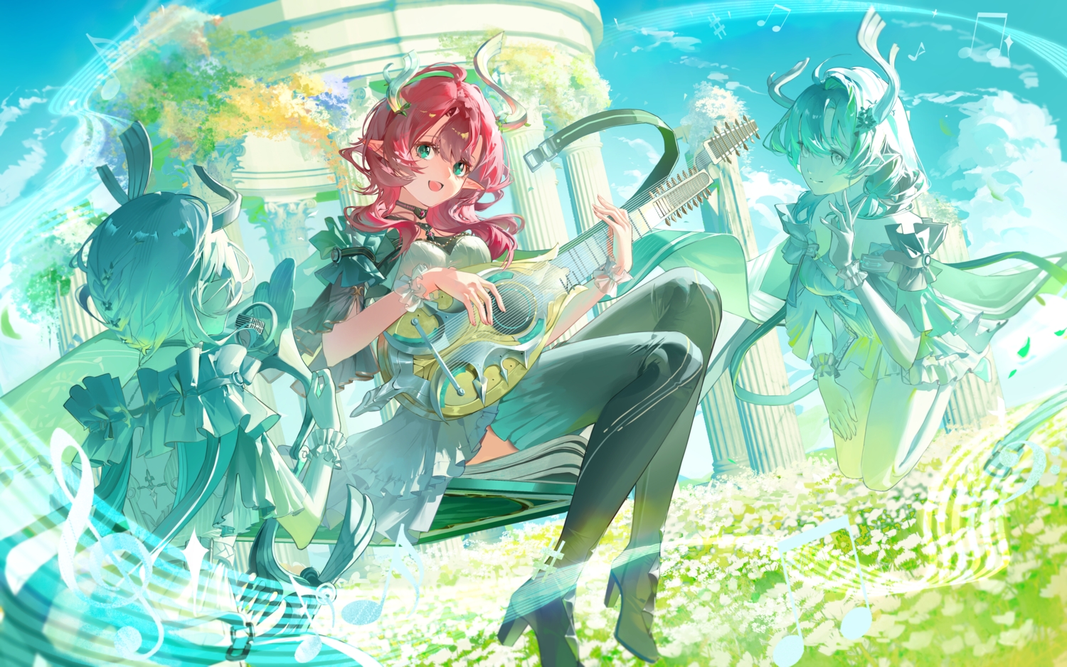 aqua_eyes, choker, ciaccona_(wuthering_waves), clouds, dress, flowers, grass, horns