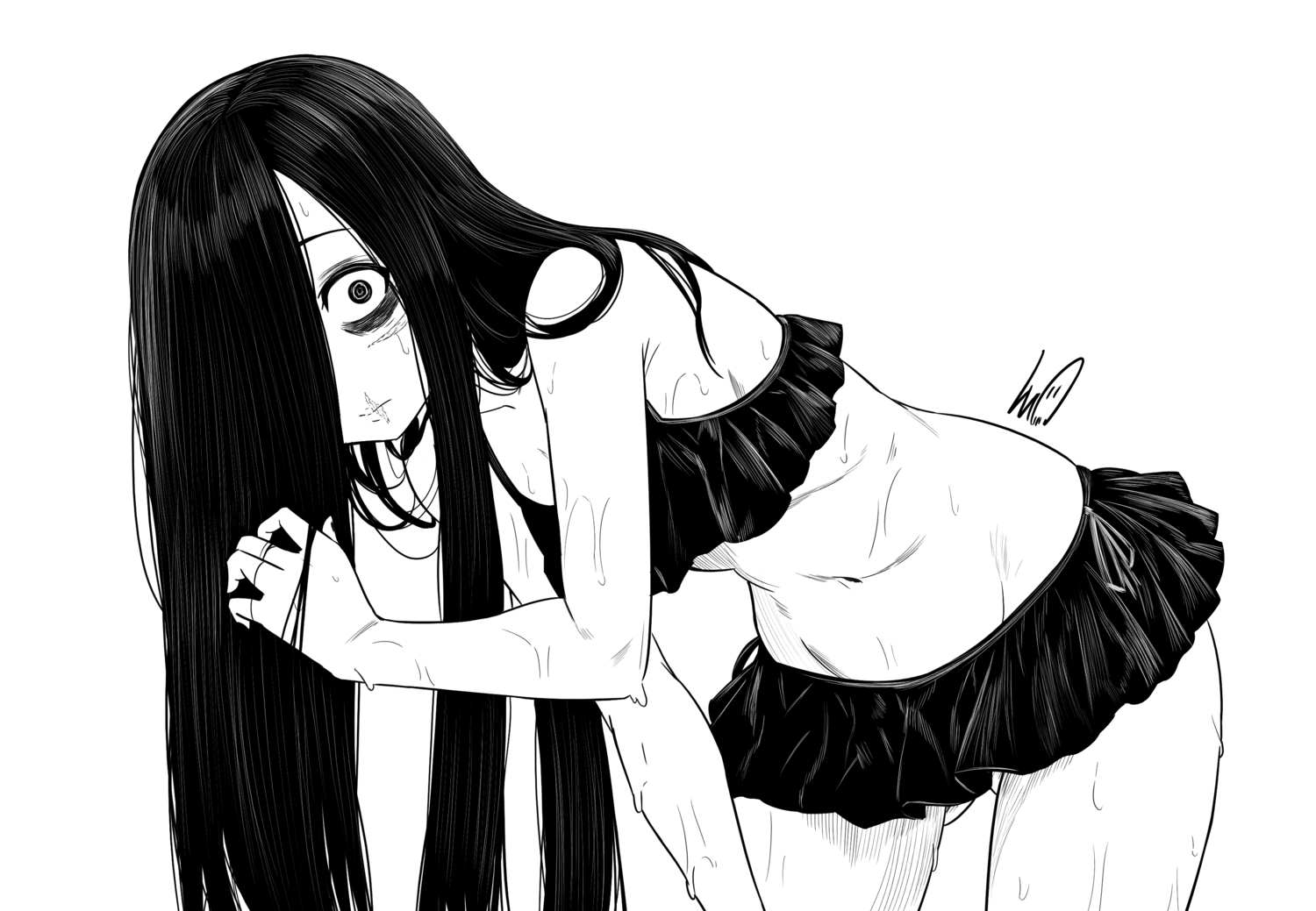 bikini, black_eyes, black_hair, long_hair, lughost, monochrome, navel, sadako, scar, signed, skirt, swimsuit, the_ring, wet, white
