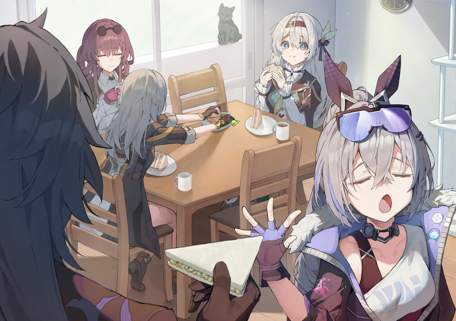 animal, blade_(honkai:_star_rail), blue_hair, cat, drink, firefly_(honkai:_star_rail), food, gloves