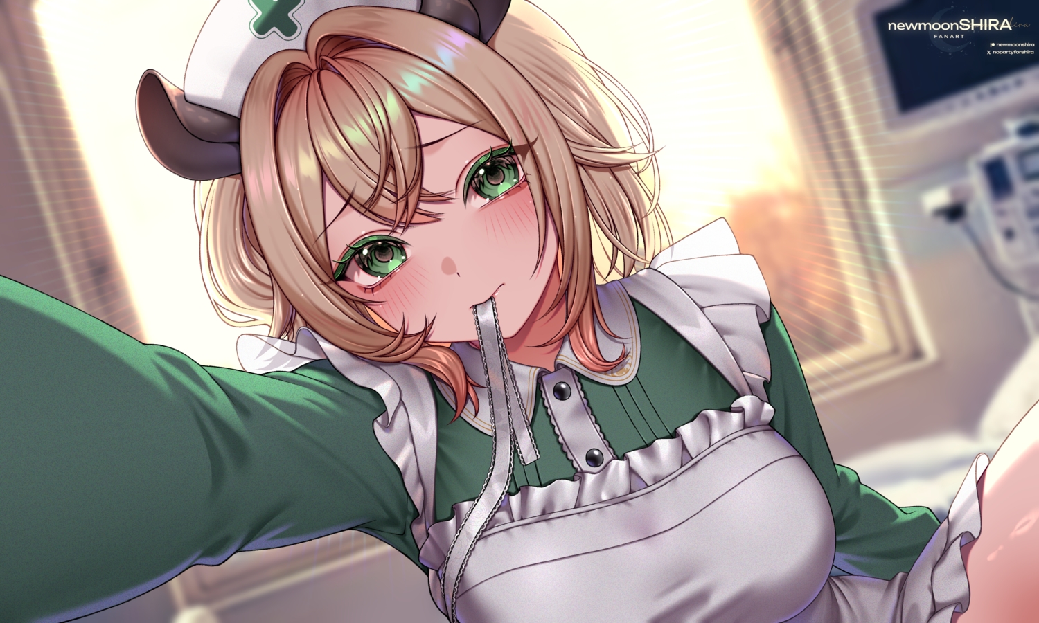 animal_ears, apron, aqua_eyes, blonde_hair, close, hat, indie_virtual_youtuber, newmoonshira, nimi_nightmare, nurse, short_hair, watermark